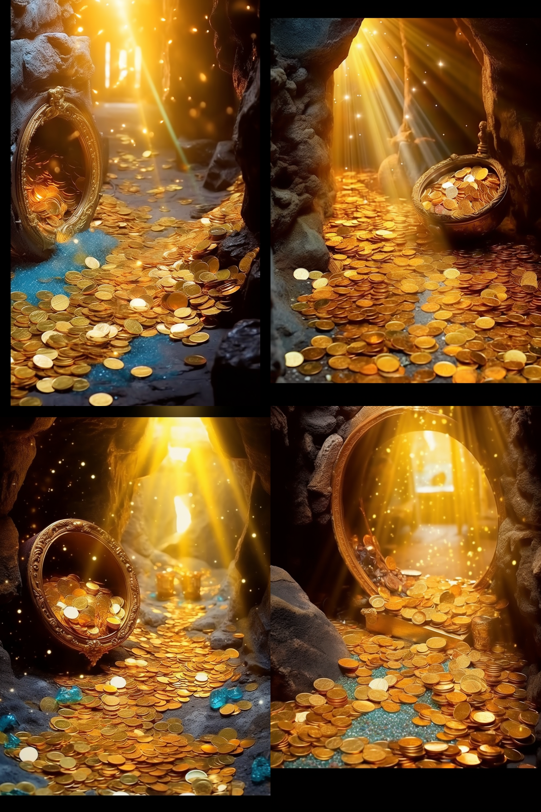 金币堆满的麻袋，阿拉丁神灯般金库，无人，细节丰富，整体构图，明亮色调，中焦镜头，静态，奇幻，金色调，宝藏。