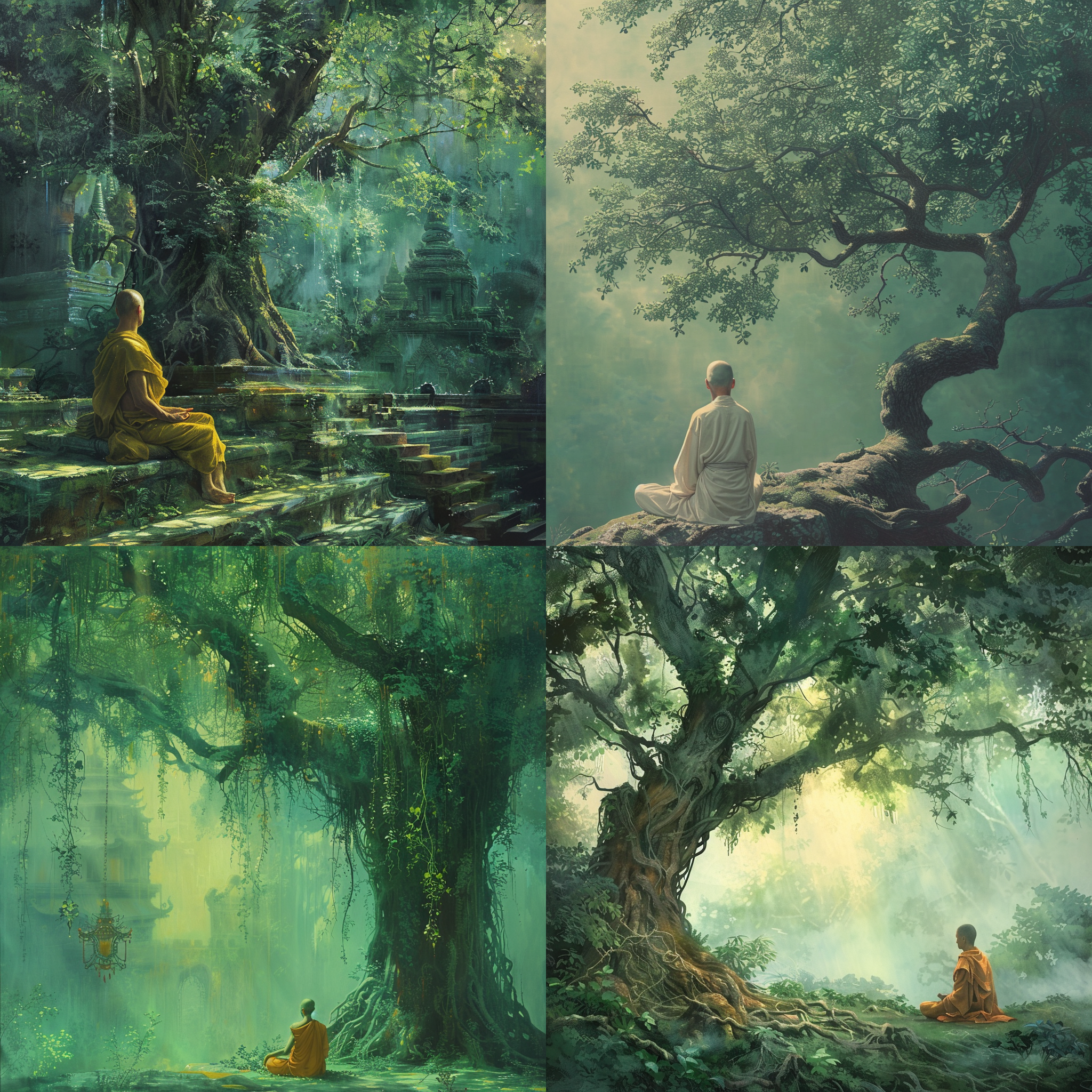 冥想僧人坐在郁郁葱葱的花园里的菩提树下，细致而沉浸式的描绘，文艺复兴风格，油画，梦幻雾霭般的照明，薄荷绿调色板，空中透视，极其详细，宽高比16:9，纵向构图。