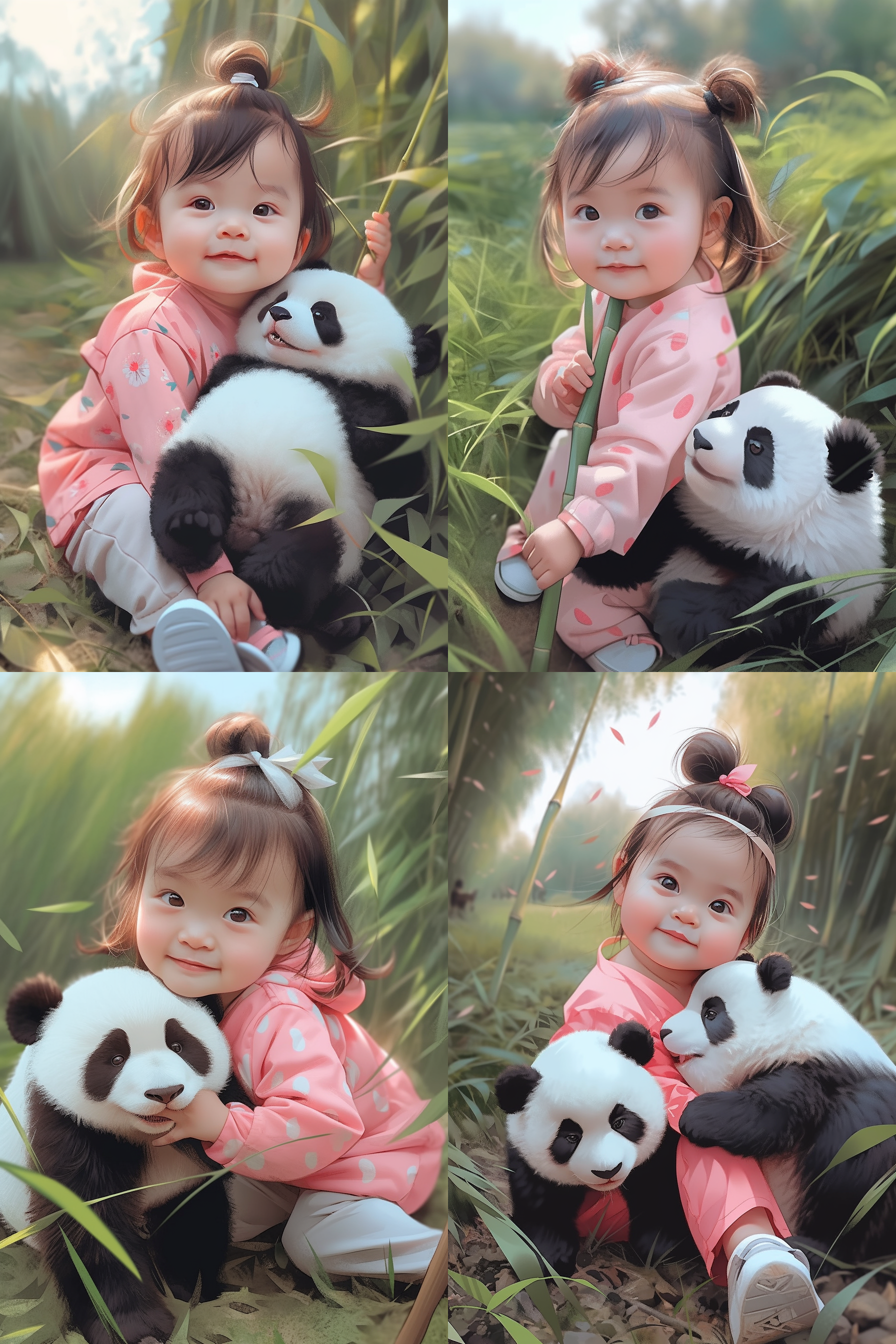 宝宝和熊猫，在童话森林中，温暖色调，柔和光线，互动，可爱表情，毛绒玩具，微笑，自然元素，快门速度适中。