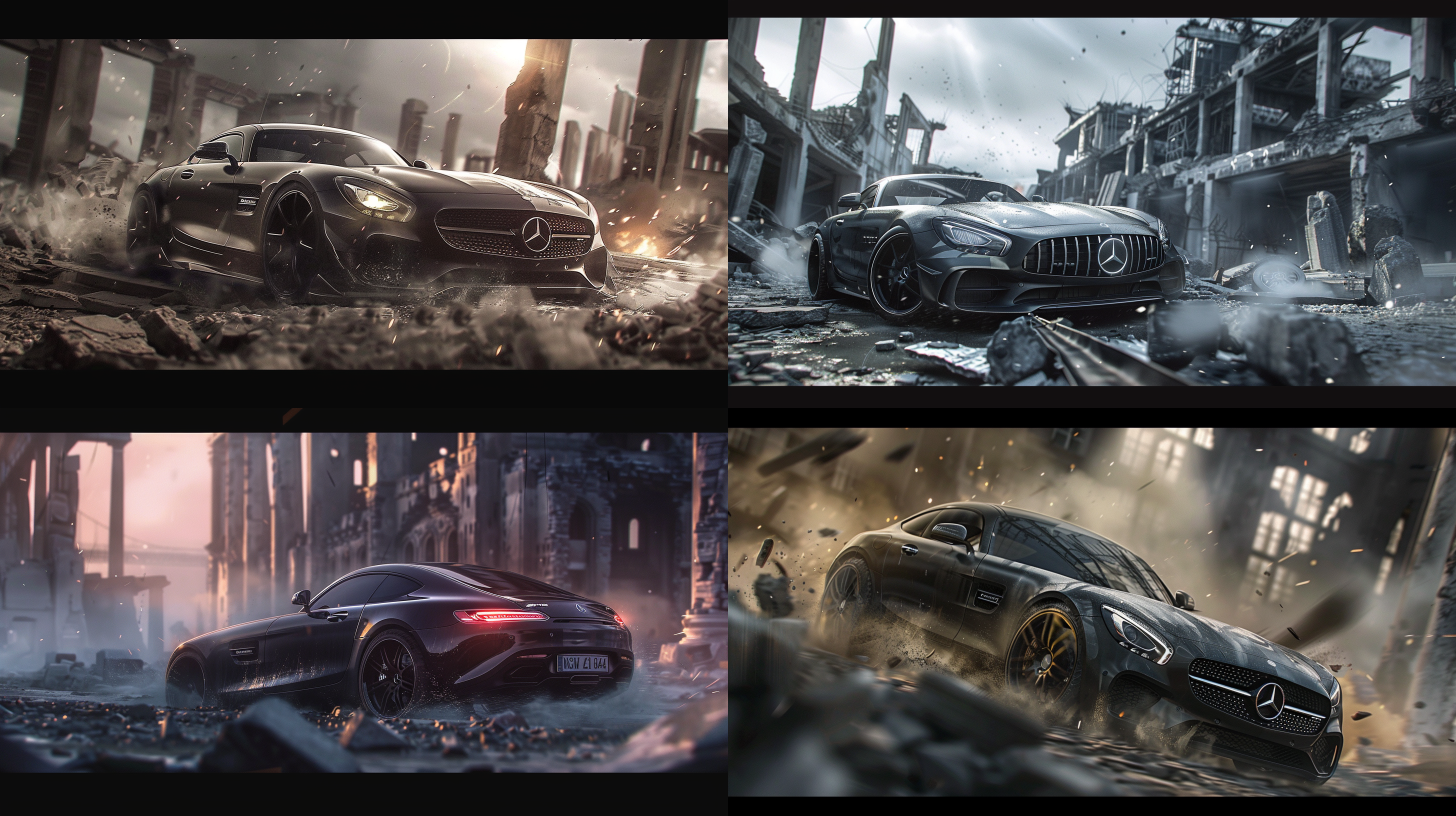 奔驰amg车辆穿越废墟建筑，阴天氛围，高角度视角，黑色车身，金属光泽，宽广景深，动感模糊，侧光打在车身上，速度感，紧张气氛。