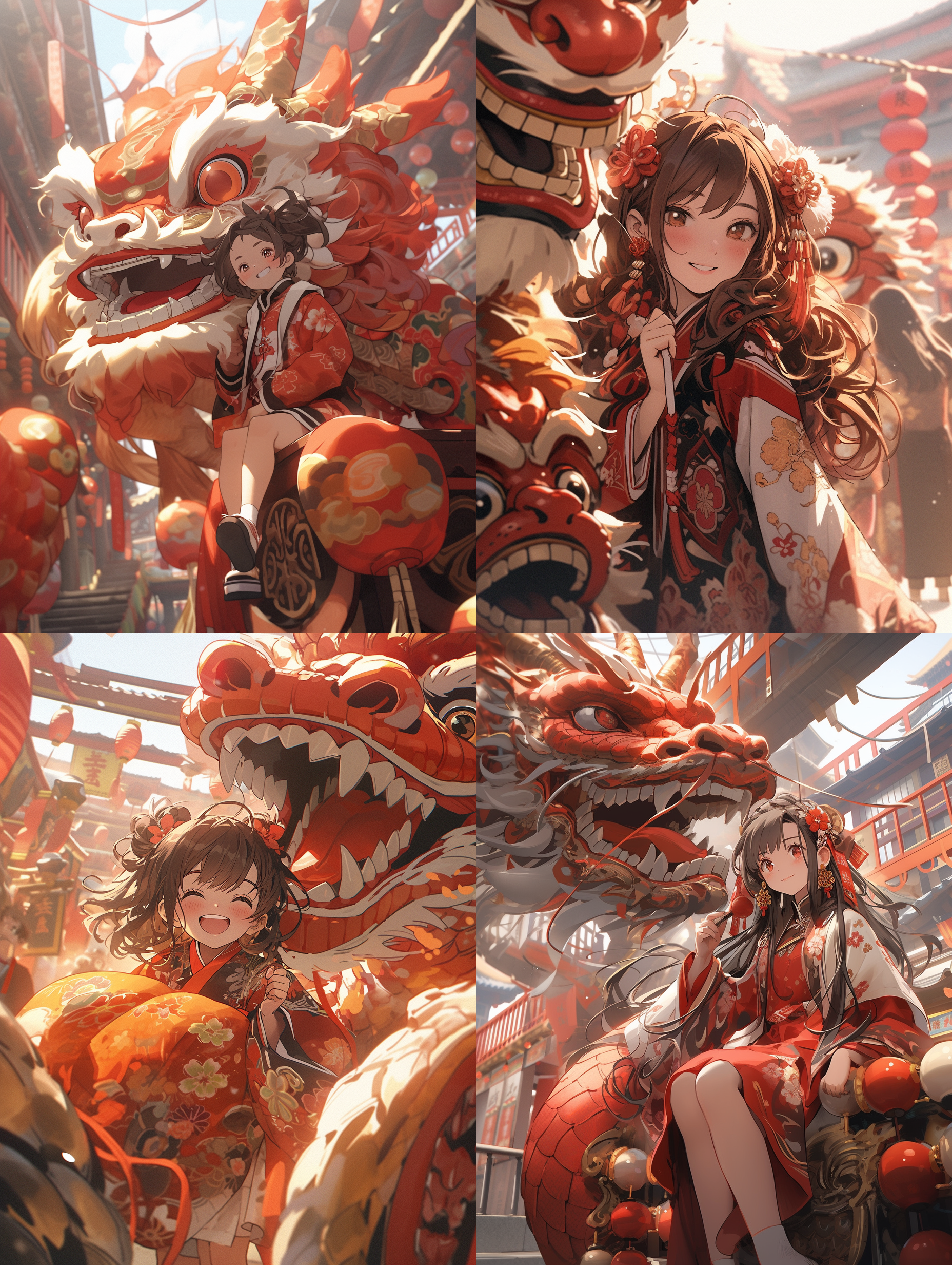 一条飞翔的超级长的中国龙，前面一个超级可爱的小女孩，中心构图，特效，新年氛围，复杂的背景，3d渲染，最佳画质, 逼真的细节