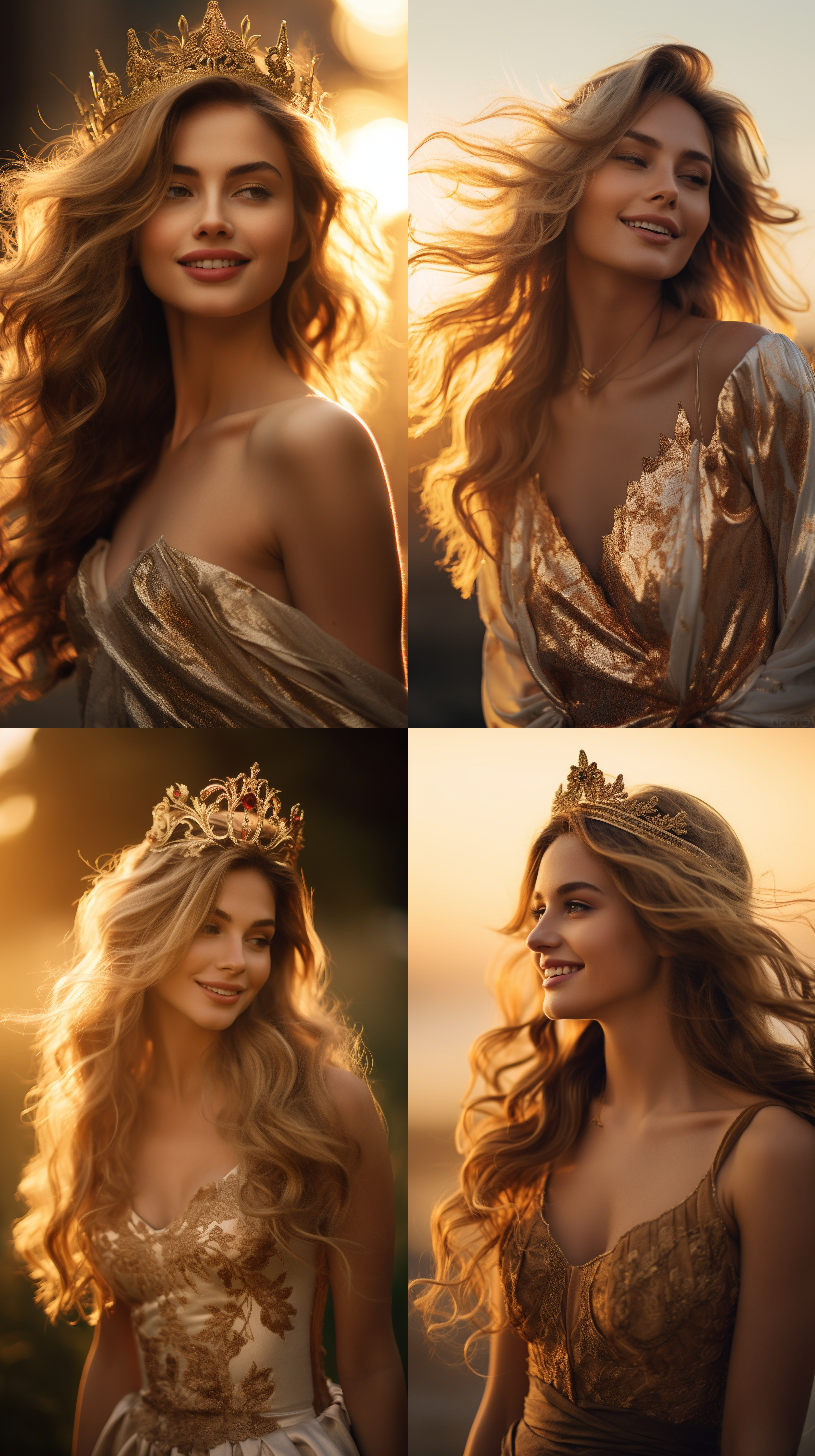 美女戴皇冠，夕阳下，竖直构图，柔和光线，长发披肩，华丽礼服，微笑，王室风格，金色调，肖像模式，优雅动作，自信。