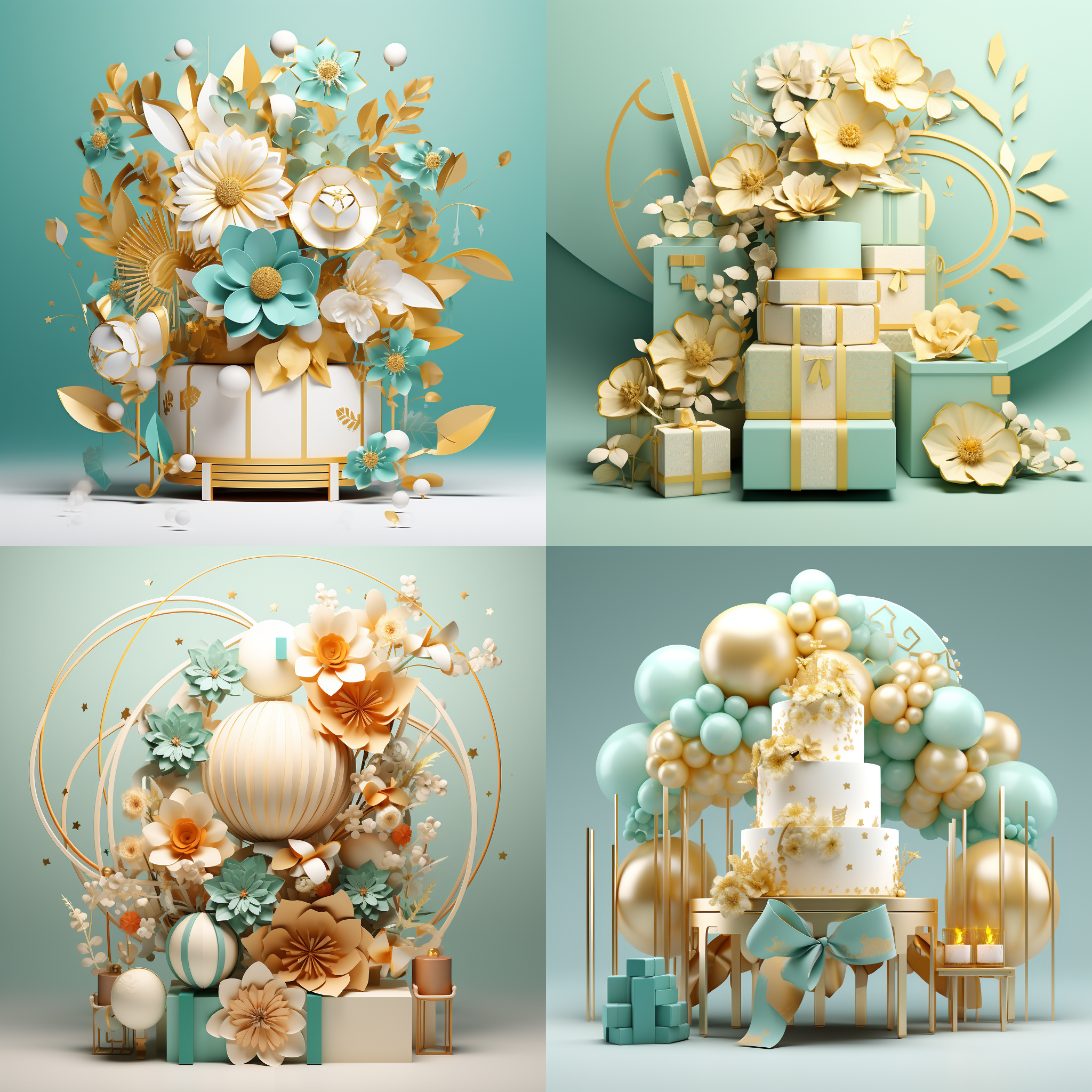 周年庆美陈装饰3d模型，主色颜为tiffany色，多块tiffany色背景板拼接组合，c4d效果图，金色丝带装饰，浅黄色花艺装饰，广角镜头，照明灯光，正面光线，白色背景