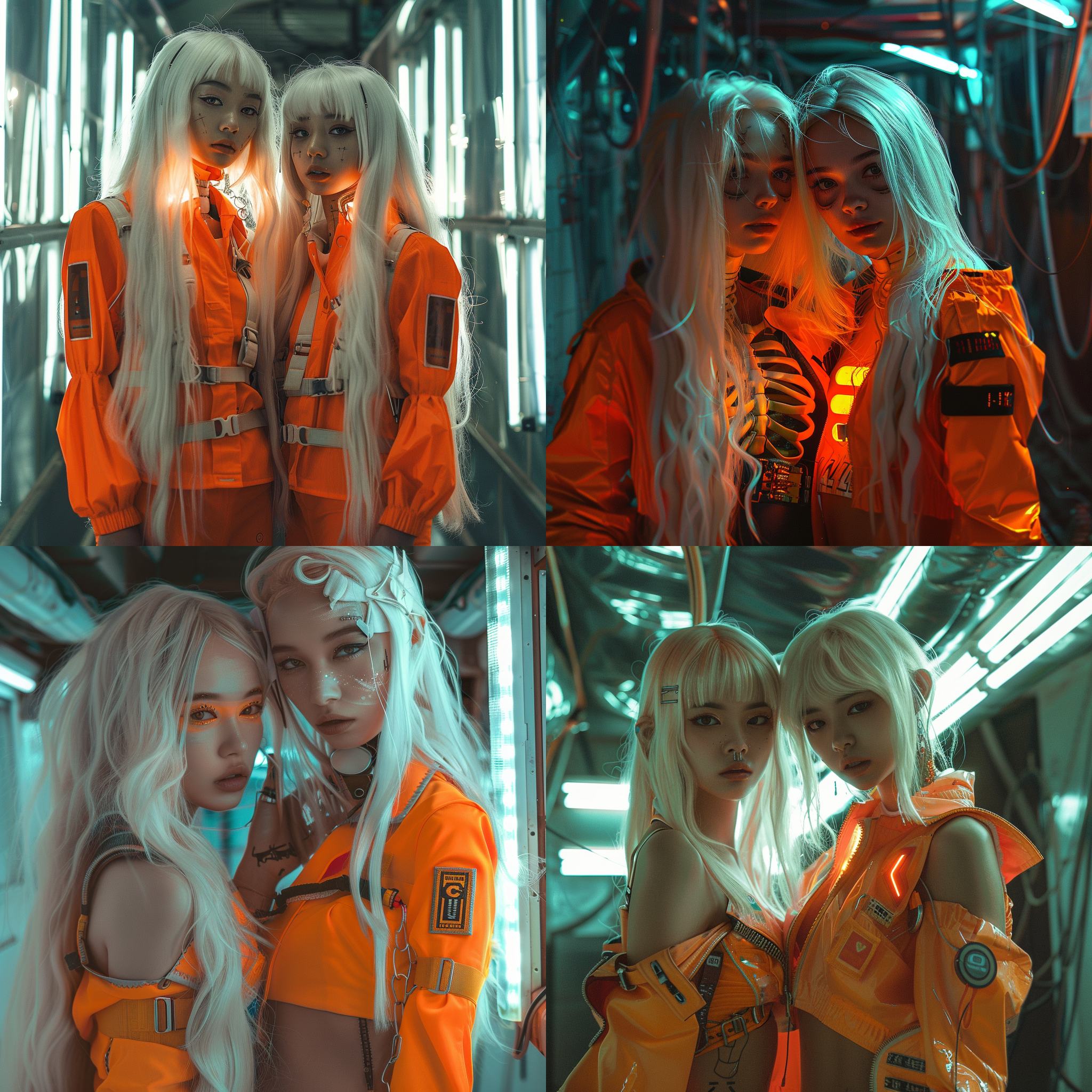 赛博朋克风格，两个女孩，荧光灯，杰作级高质量，独自，骷髅人体，白发，戏剧光影，橘色服装，细节丰富环境，反射，上半身，阳光，非常长发，宽袖子，深度摄影，阴影，凌乱头发，诱人轮廓，暗色调，夜晚，暗调照片，颗粒感，昏暗，刘海，电影般的照明，泰安达尔效应，抽象背景，充满活力的色彩，现代风格，艺术感，动态构图，独特纹理，大胆质感，色彩丰富，时尚，年轻，充满活力，创意，表现力强，时尚，潮流，白色大理石发光肌肤。