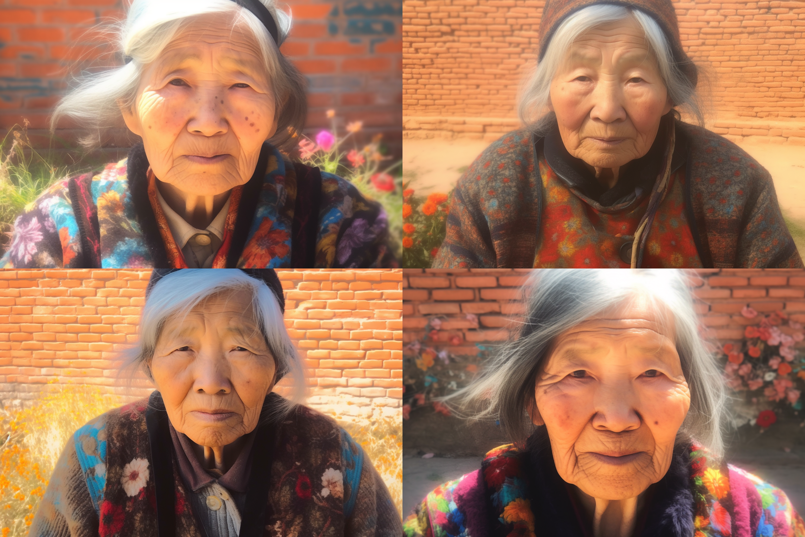 梵高画风，可爱的老太太，户外田园风景，花朵环绕，明亮色彩，油画效果，正面视角，微笑，复古服装，柔和光线，静态。