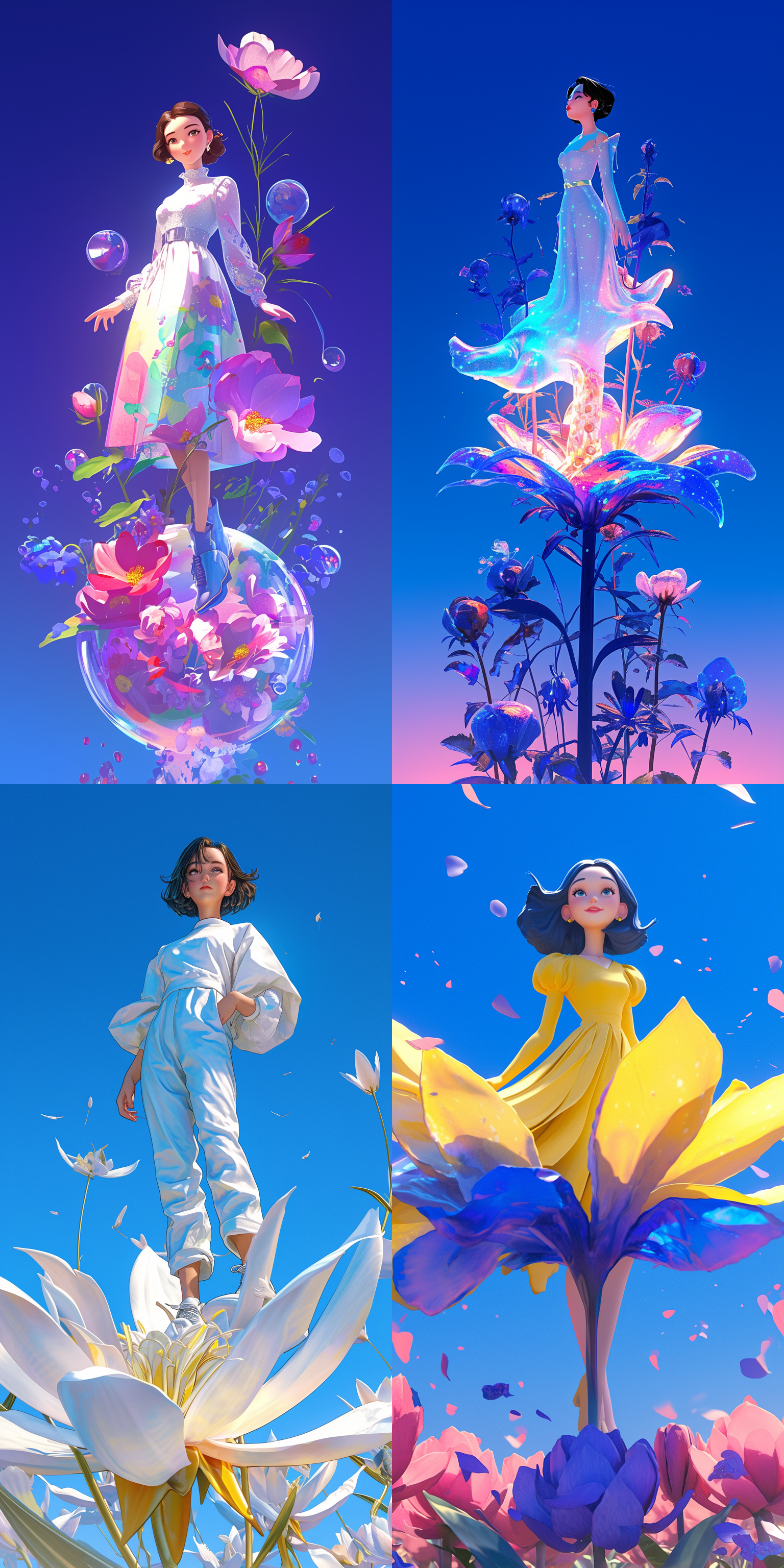 3d cartoon style rendering, mother standing on a flower, with perfect facial details and exquisite character details. panoramic, large aperture, trendy fashion clothing, new trendy portraits, vibrant colors, pop mart production, delicate luster, clean background, 8k gradient translucent glass melt, frosted glass
