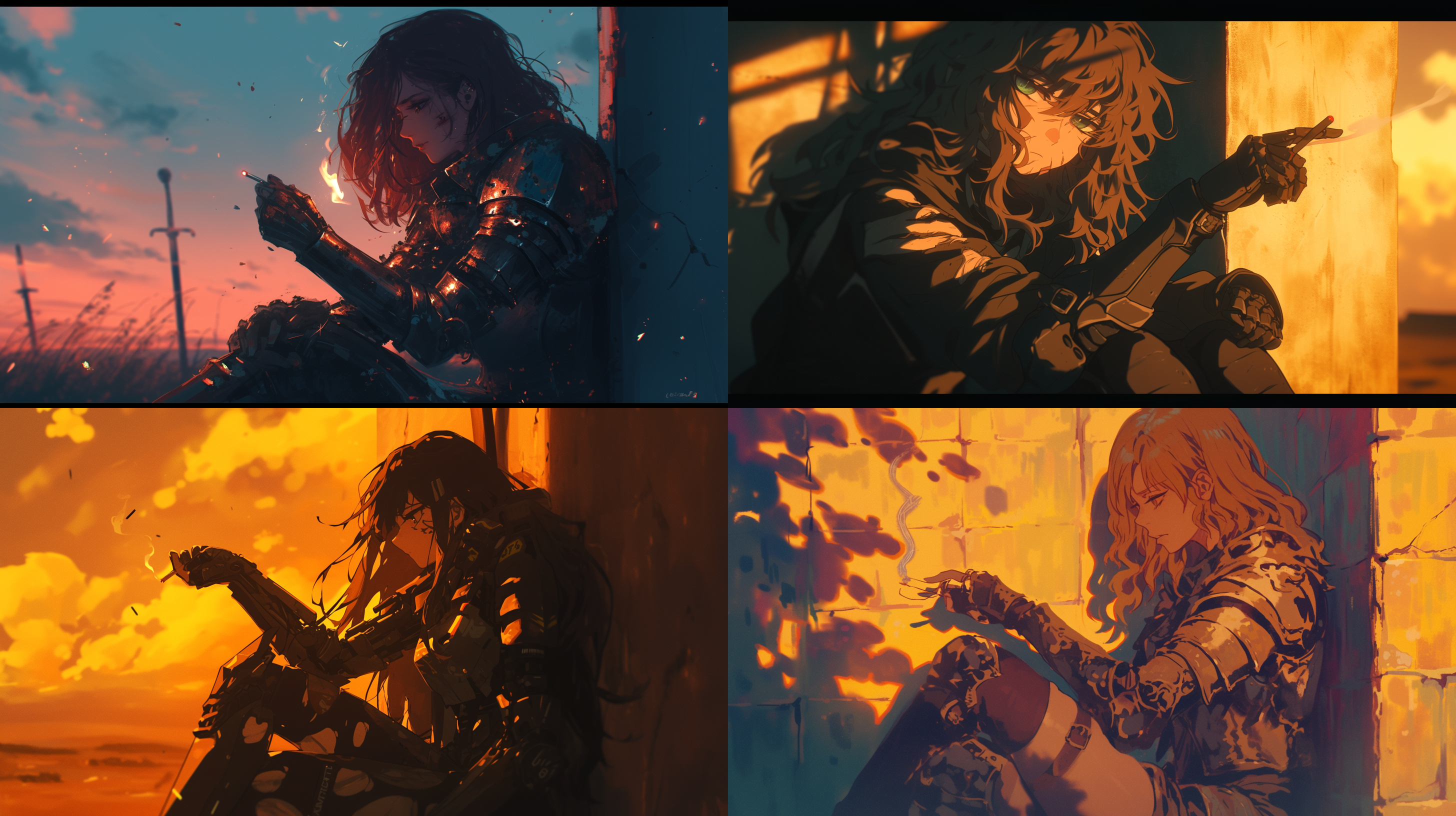 女骑士手拿燃着的香烟，坐姿随意，盔甲破烂，伤痕累累，脸上有伤痕，靠着墙壁，余晖与黑夜交接，长焦镜头，夕阳照耀，忧伤，日本动漫画风，4k画质。