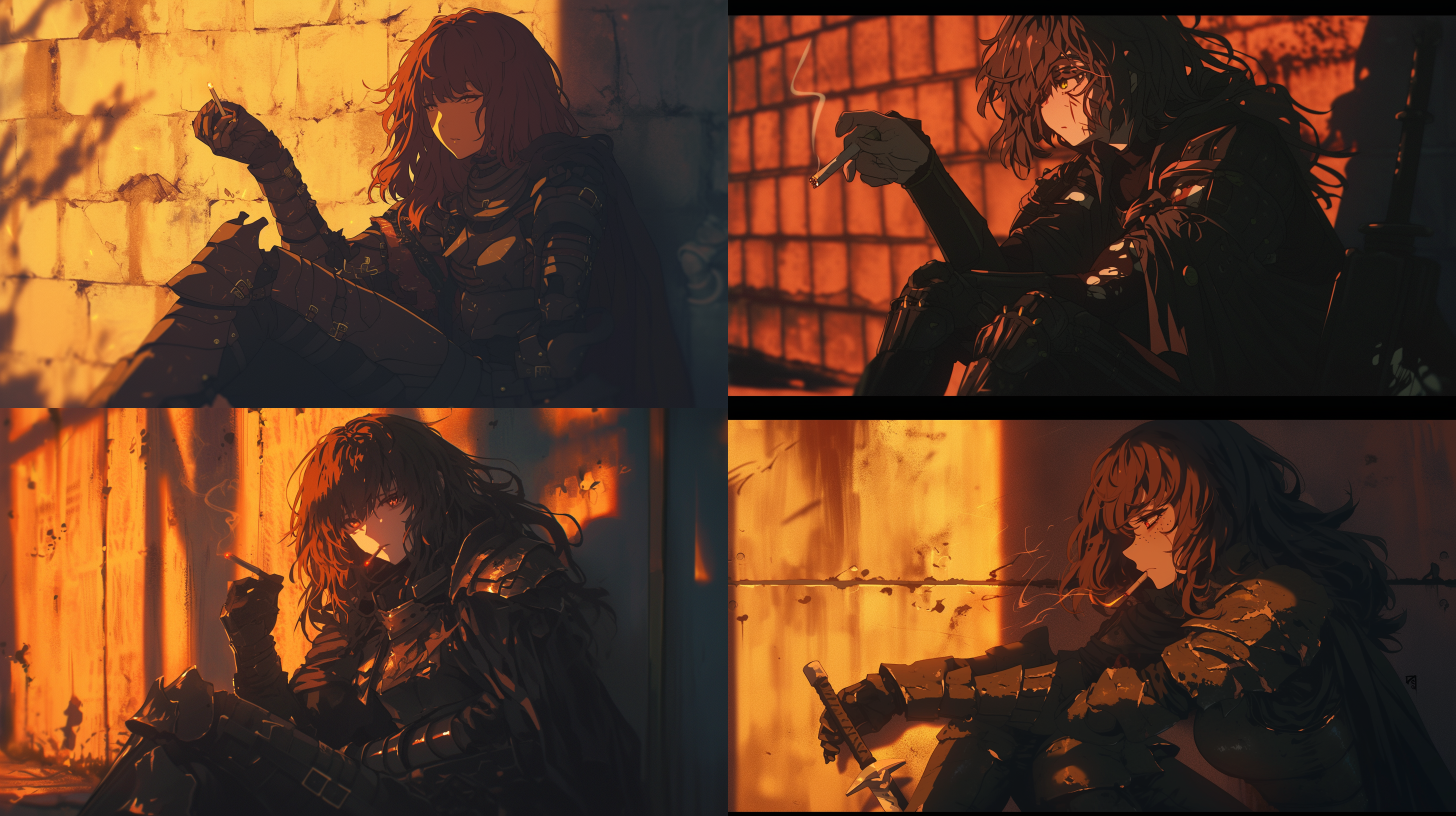 女骑士手拿燃着的香烟，坐姿随意，盔甲破烂，伤痕累累，脸上有伤痕，靠着墙壁，余晖与黑夜交接，长焦镜头，夕阳照耀，忧伤，日本动漫画风，4k画质。