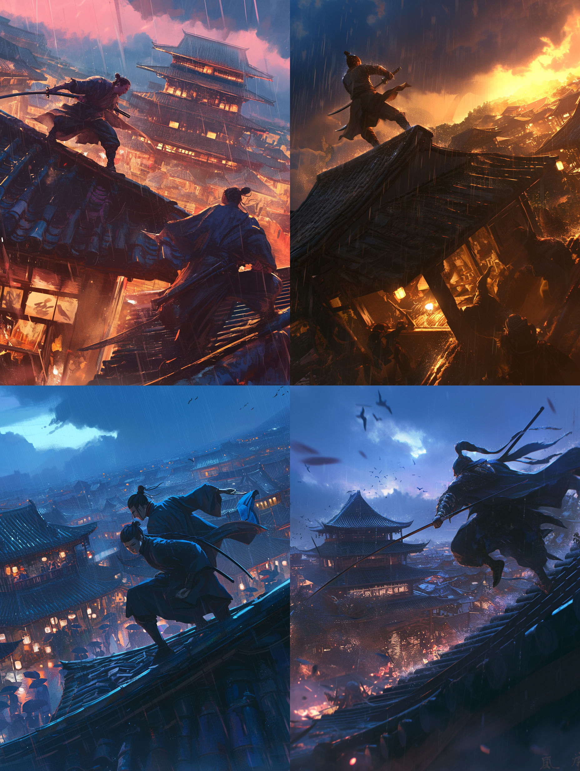 at night,big rain, illustration style, two men are fighting on a roof, jin yong style,chinese separationscenes, chinese ink and wash style, chinese poem arts style,chinese swordsmen film tale, highly detailed,dynamic,cinematic,stunning, realistic ighting and shading, vibrant, 8k,octane render, unreaengine, very detailed, concept art, realistic, cry engin，