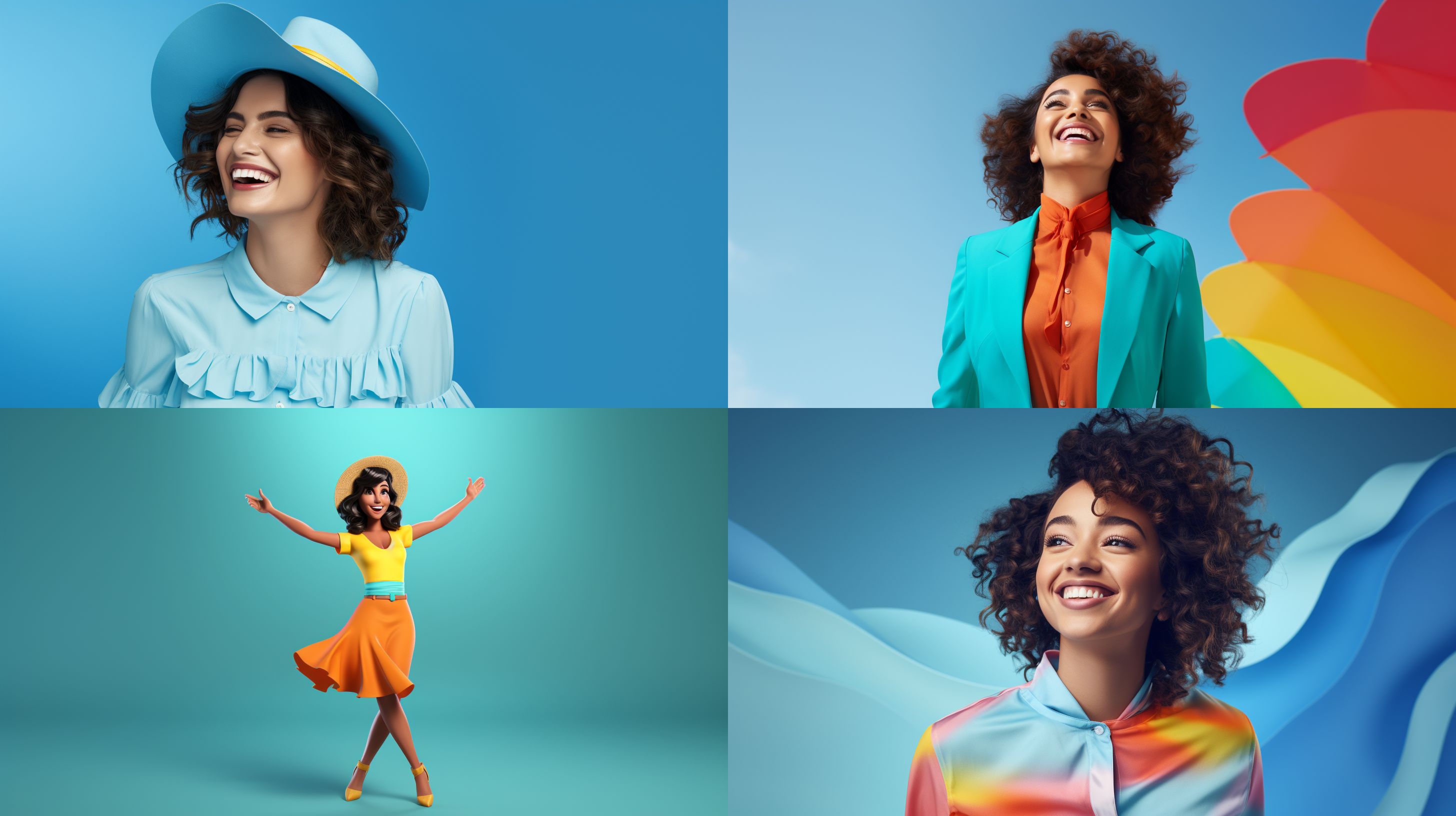 一个幸福微笑的女人 3d 卡通 天蓝色纯色背景 明亮