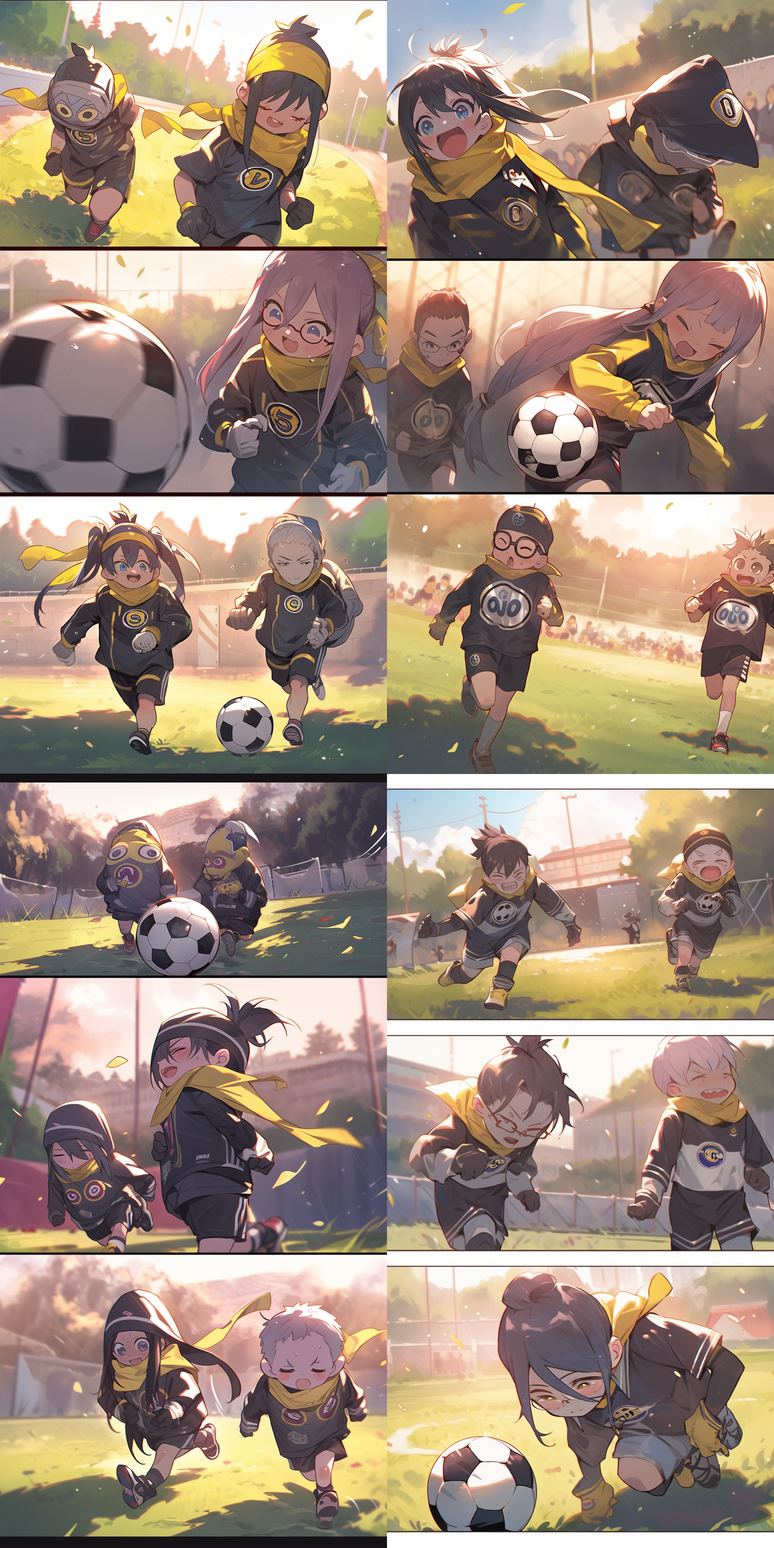 三个电影小黄人踢球，渐变背景，漫画风格，大光圈，广角侧光，镜头，自然光，超高清晰度，自信微笑，放松姿态，明亮色调，立体感。