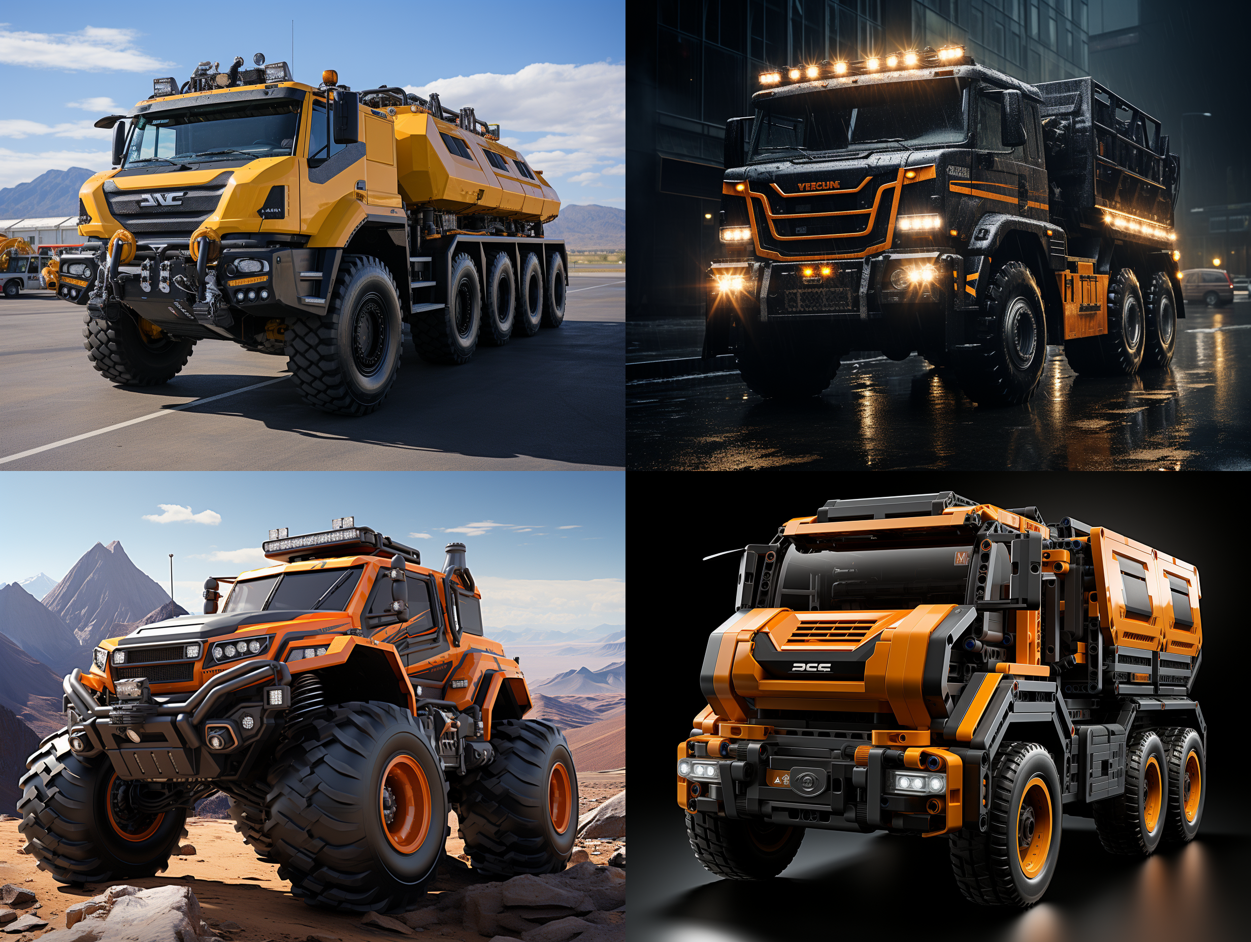 设计一款可载重80吨的超重型卡车，前卫的工业设计和美学设计，人体工学设计，黑色与桔红色的搭配，高大威猛，中国顶级的重卡制造工艺和品质，超重型巨型轮胎，仰视的视角，在重点工程的工地等待重开挖掘机进行土方装载，背景大型水利工程工地，顶级的画质和专业的工程现场新闻摄影