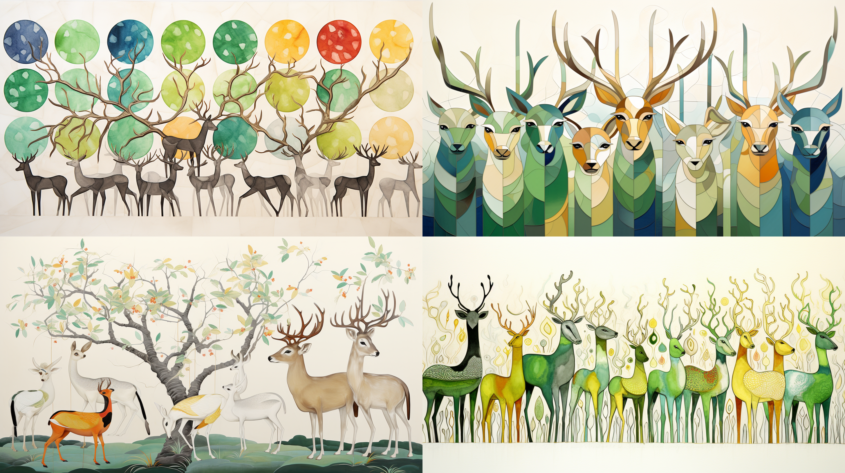 插画，一大群九色鹿，silk texture，reflective coatings in frosted white ,silk texture ,景泰蓝工艺，景泰蓝工艺，螺钿工艺，墨染，墨染，背景是牛油果绿，纯色，时空想象力，通感艺术，piet mondrian's