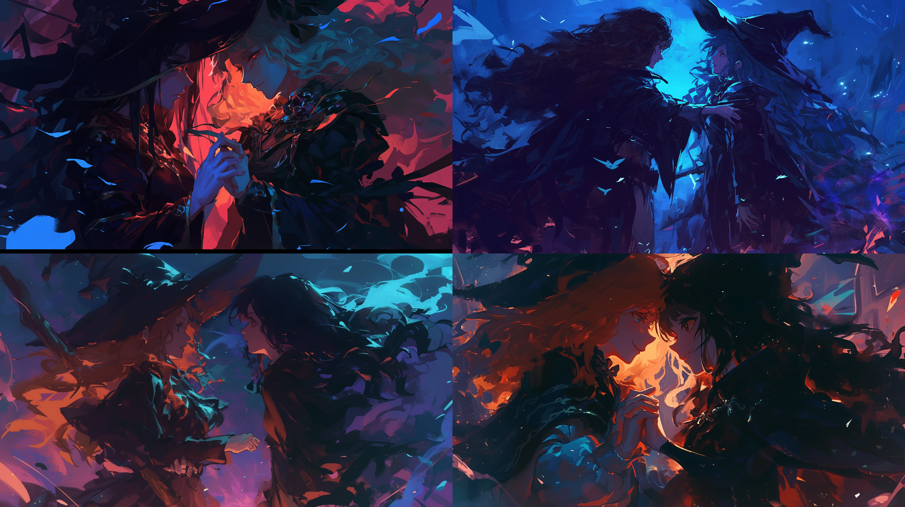 两个魔女面对命运，二次元风格，神秘暗调，虚拟背景，宽幅构图，中焦镜头，人物全身，侧光，悬念，英雄主义，色彩丰富，色调对比，冒险，希望