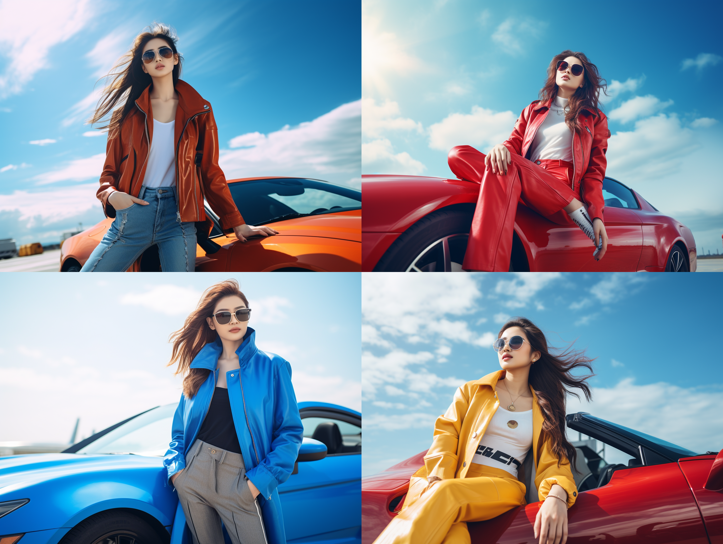 年轻浙江女生，时尚穿着，新能源轿跑车，公司门口，长筒皮靴，25岁左右，明亮色调，蓝天，自信微笑，动感。