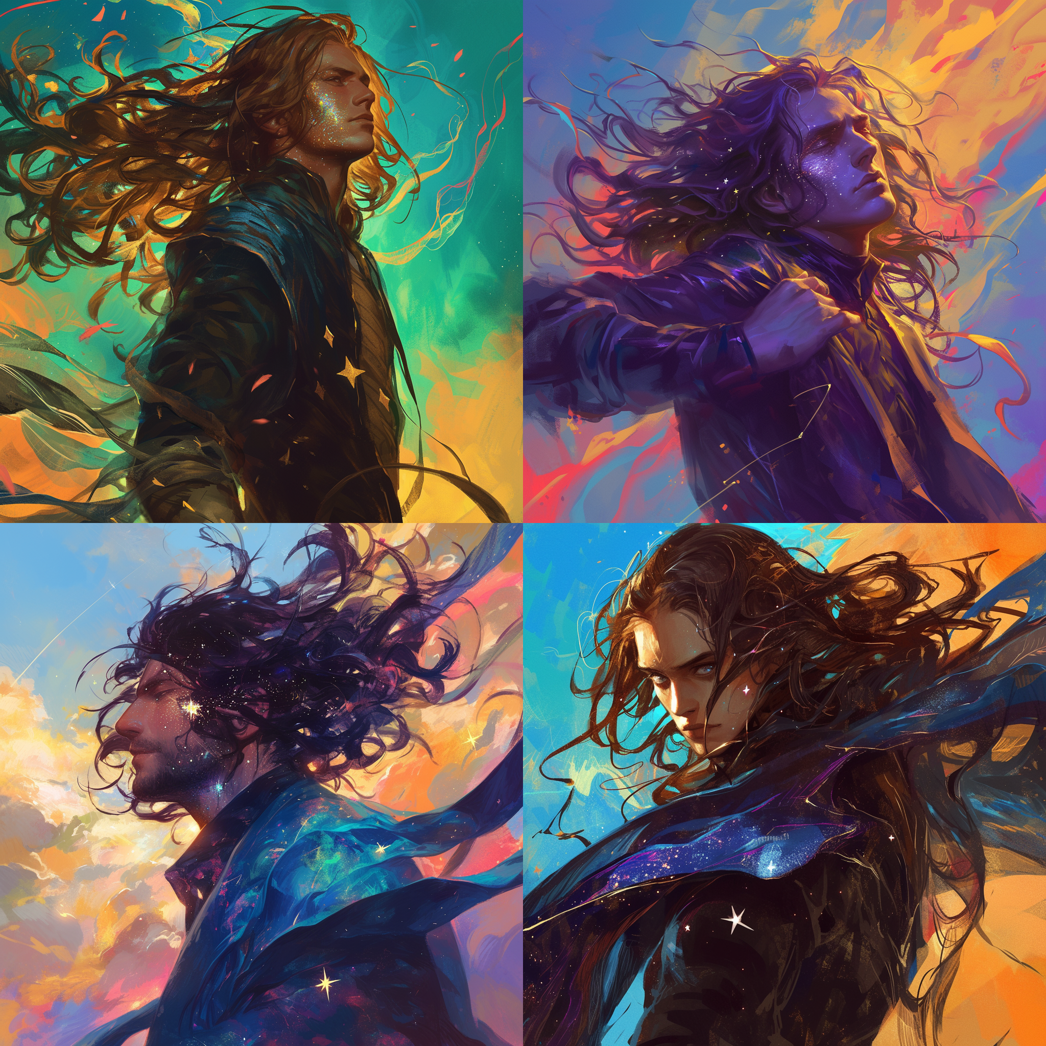 a man with long hair, colorful background, stars and glitter on his face, his hair fluttering in the wind, popular on art stations. a detailed painting, alejandro burdisio, fantasy art