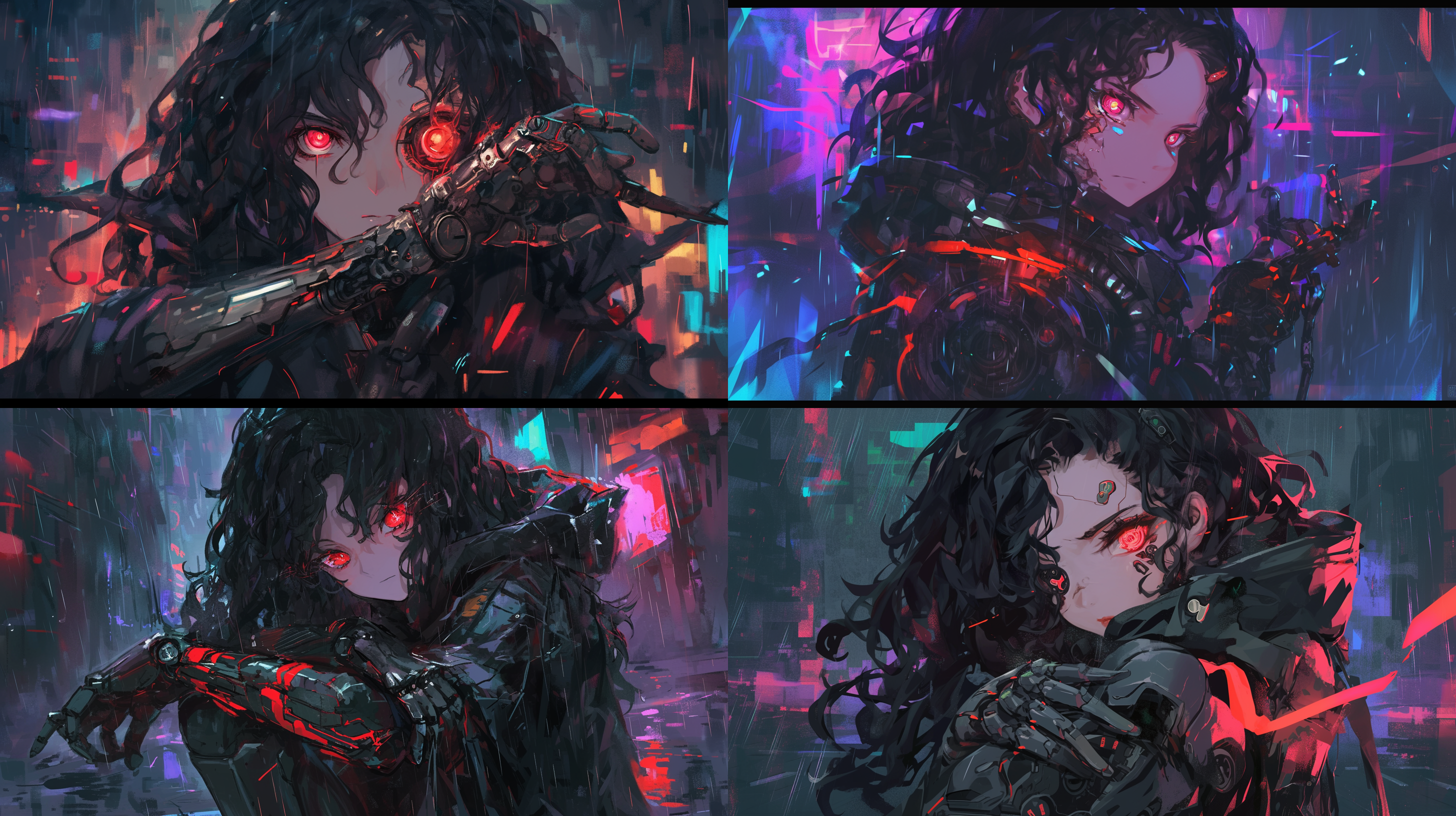 黑色卷发红色瞳孔的女生，左手是机械义肢，左眼是机械眼睛，赛博朋克风格，雨夜，霓虹灯，脚下水洼反射