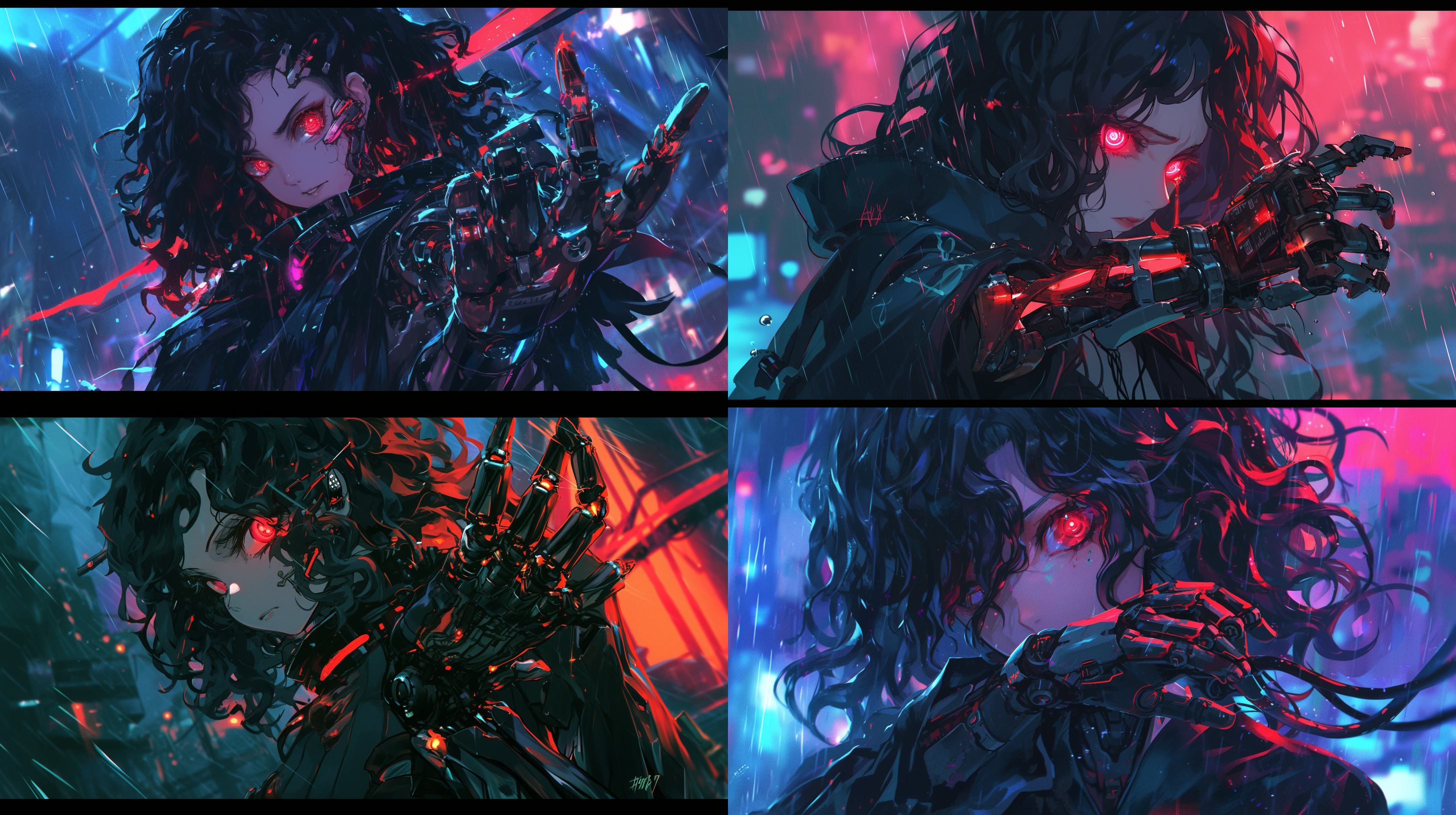 黑色卷发红色瞳孔的女生，左手是机械义肢，左眼是机械眼睛，赛博朋克风格，雨夜，霓虹灯，脚下水洼反射