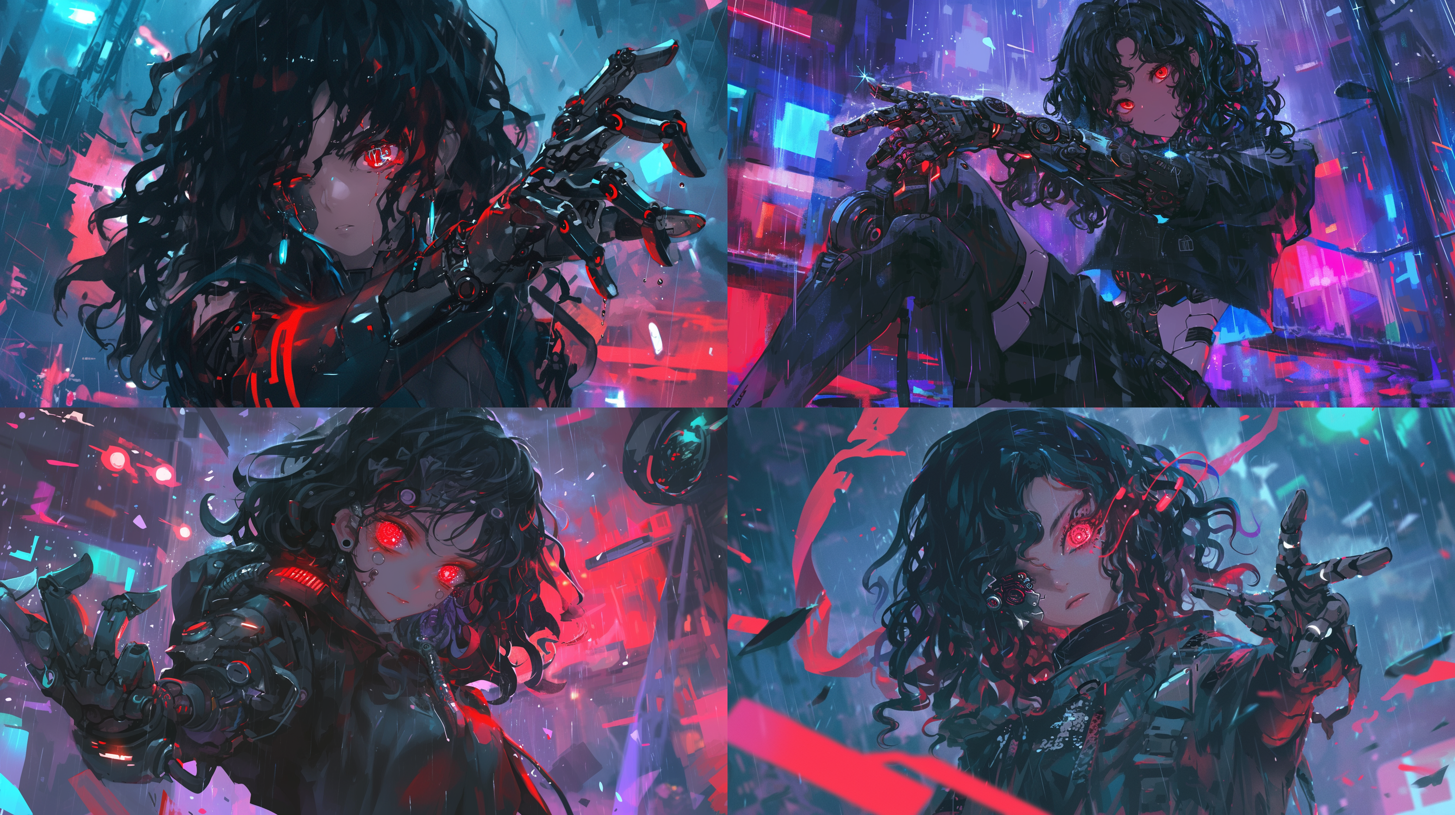 黑色卷发红色瞳孔的女生，左手是机械义肢，左眼是机械眼睛，赛博朋克风格，雨夜，霓虹灯，脚下水洼反射