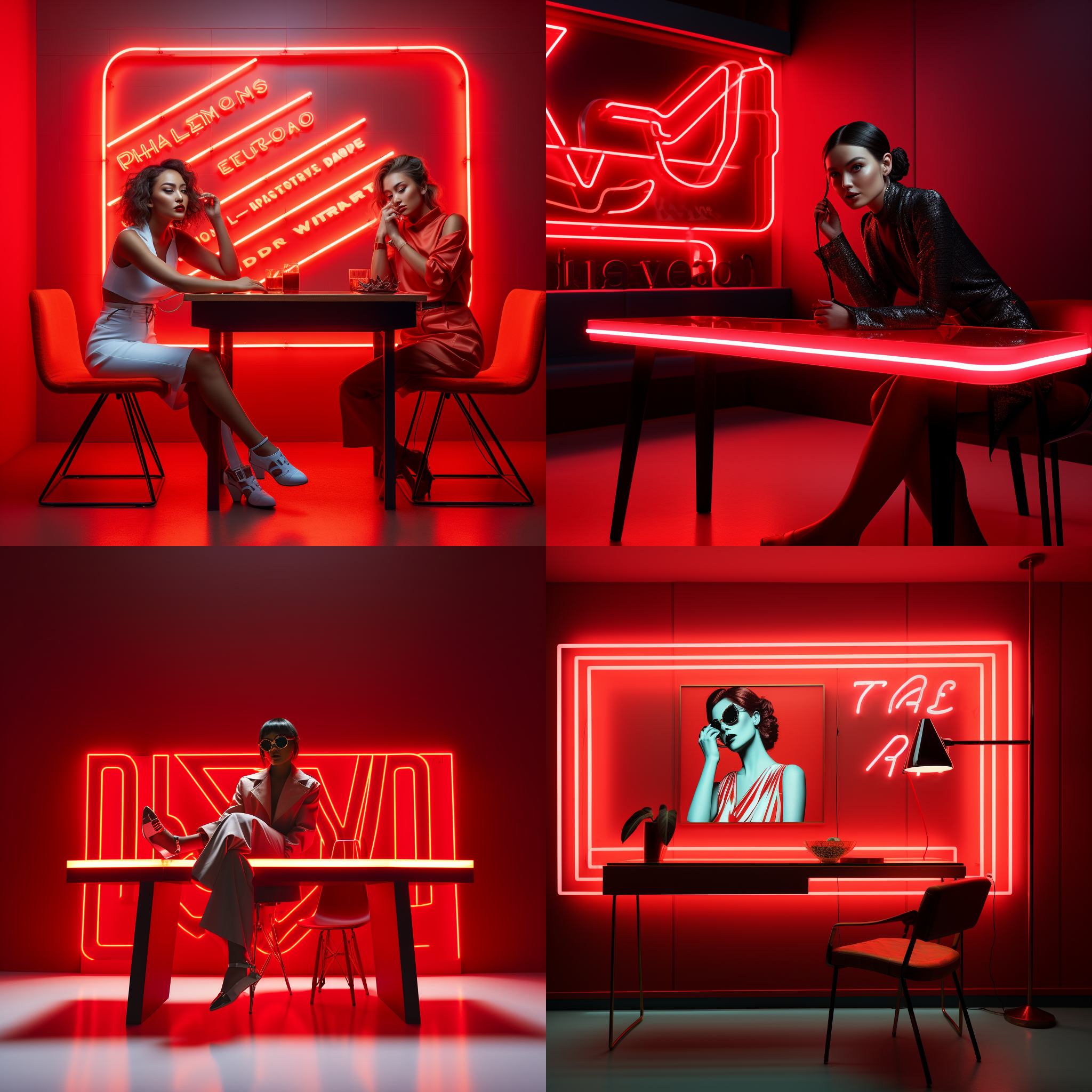 红墙红地板的房间里，桌子上放着一个霓虹灯招牌。构图对角线布局，采用octane渲染，风格借鉴adrian zingg的国际字体设计。霓虹灯闪烁着亮丽的光芒，投射出鲜艳的红色。这张照片通过高对比度和鲜艳的色彩，展现出时尚与现代感。