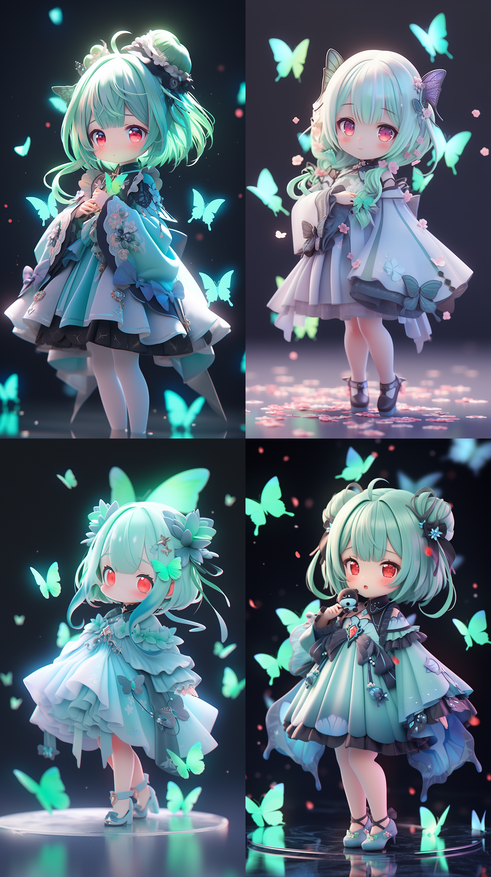 全身，摄影棚背景，可爱女孩，她有红色眼睛，她背后有紫色蝴蝶翅膀，穿着琉璃色纱裙，衣服是刺绣材料，毛绒娃娃的艺术风格，流行盲盒，娃娃是明亮的粘土材料，3d，oc渲染，全息，3d，blander，4k，超质量，高细节，高分辨率