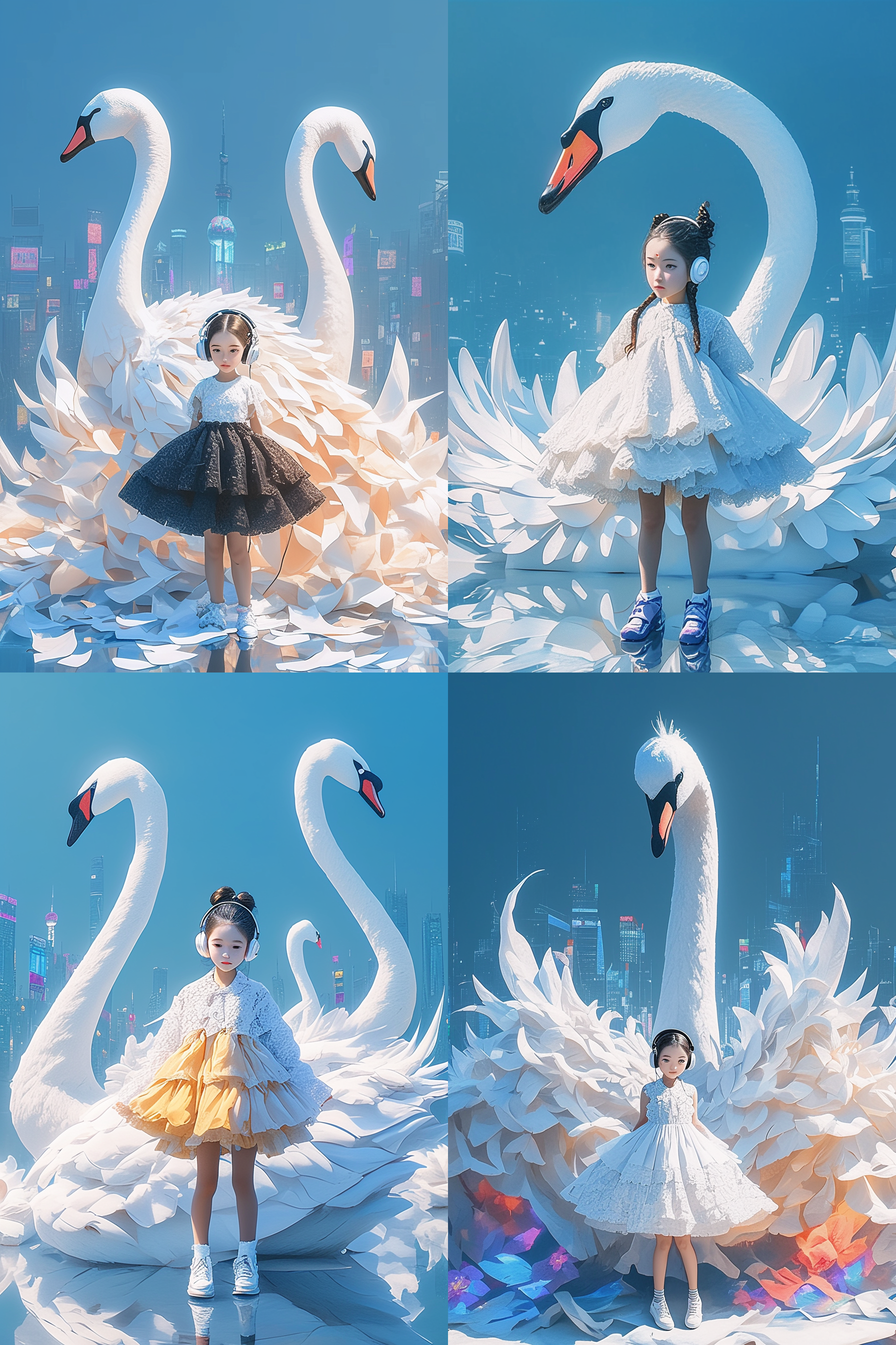 动漫风格城市夜景，充满霓虹灯光的街道，一个戴着耳机的少女在跳舞，背景是高楼大厦和繁华街道，色彩鲜艳夺目。卡通渲染，抽象形状，快门速度慢，流畅动感，明亮对比，活力四射。