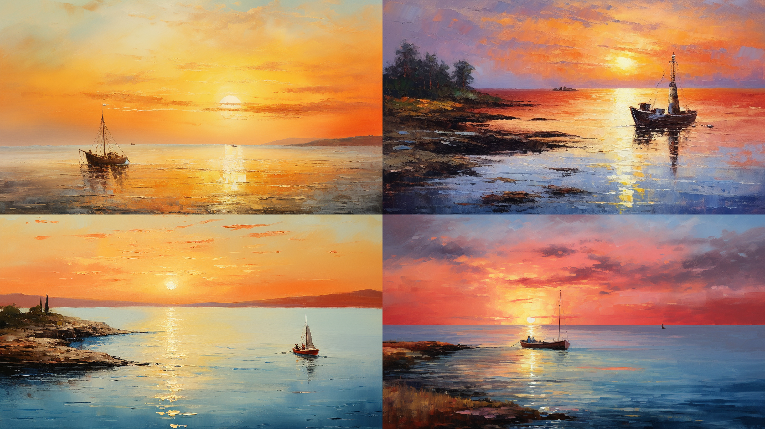 黄昏海景，海天一色，宽广视野，夕阳余晖，闪光斑，静谧温和，灯塔，渔船，情侣，油画质感，静谧，宁静，黄色调，浪漫，海岸线布局，温暖光影。