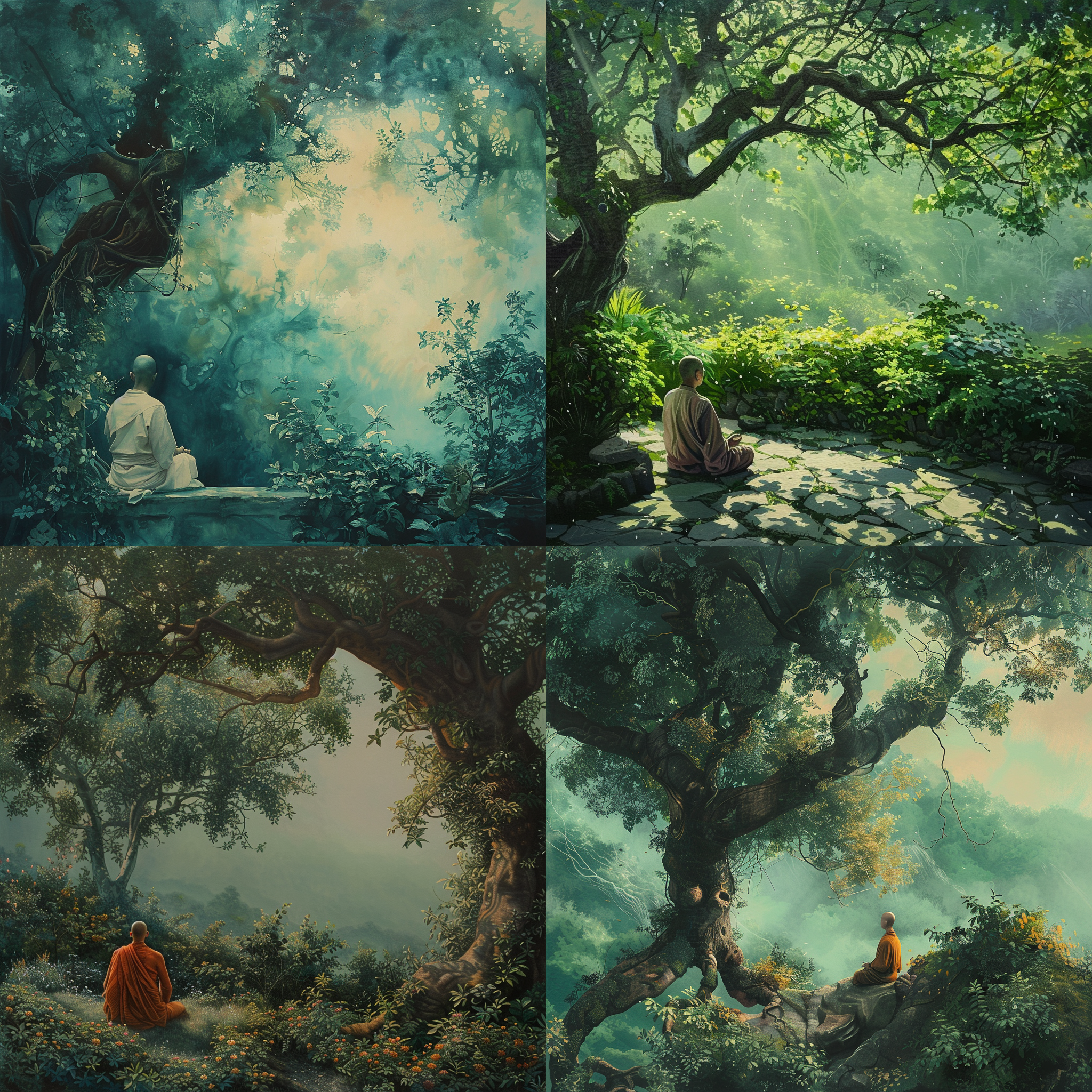 冥想僧人坐在郁郁葱葱的花园里的菩提树下，细致而沉浸式的描绘，文艺复兴风格，油画，梦幻雾霭般的照明，薄荷绿调色板，空中透视，极其详细，宽高比16:9，纵向构图。