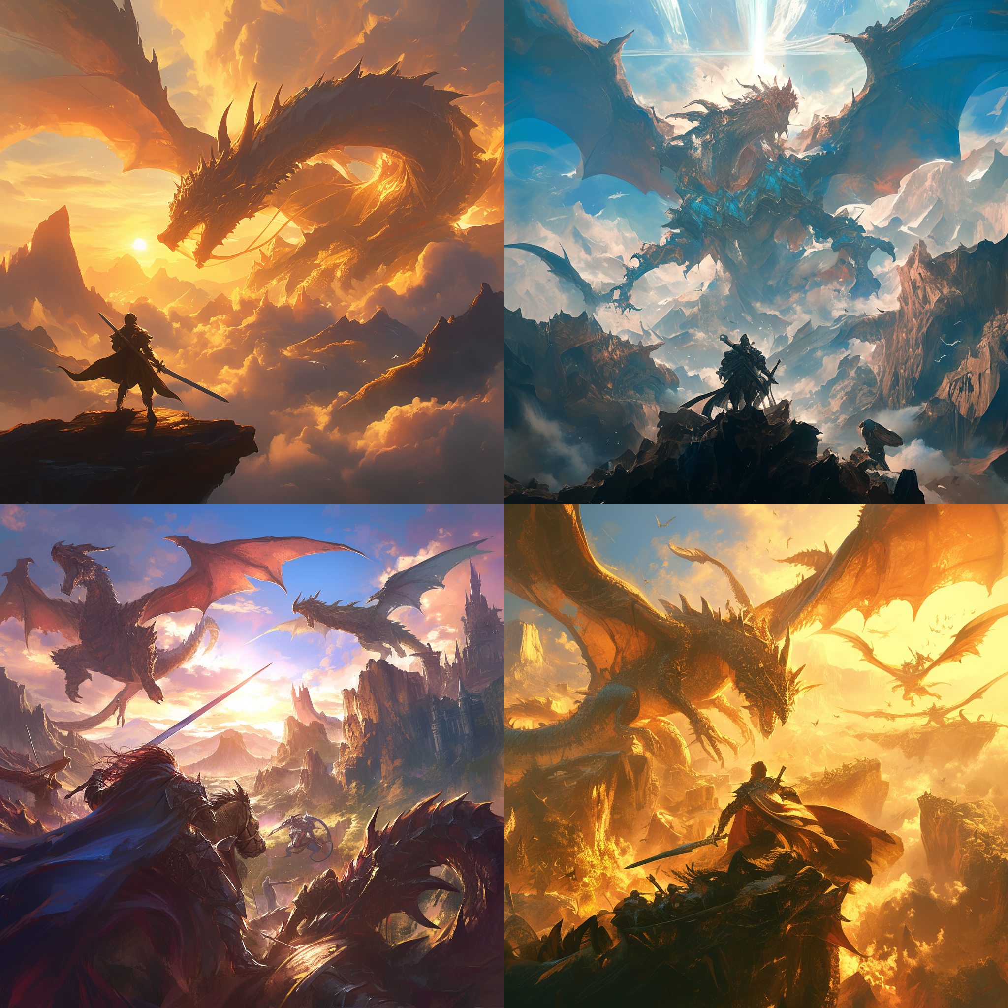 勇士和飞龙并肩作战，巍峨的山脉为背景，阳光透过云层洒下，照亮了他们勇敢的面庞。勇士身穿铠甲，手持利剑，表情坚毅；飞龙展翅高飞，眼神炯炯有神。逆光拍摄，广角镜头，饱和度高，动作激烈，气势磅礴，壮丽。