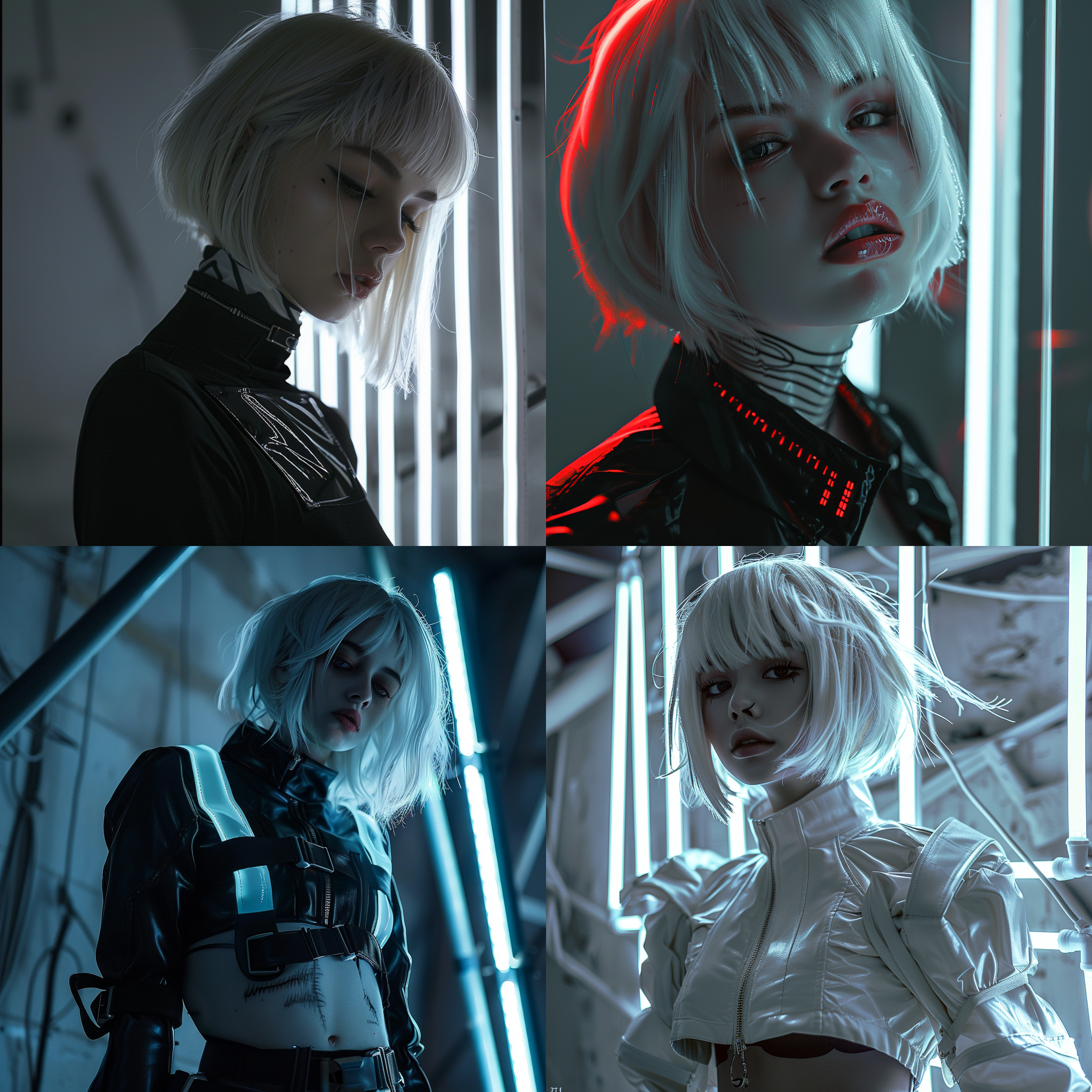 赛博朋克风格，一女孩，短发，荧光灯，杰作级高质量，独自，骷髅人体，白发，戏剧光影，白色与黑色撞色服装，细节丰富环境，反射，上半身，阳光，非常长发，宽袖子，深度摄影，阴影，凌乱头发，诱人轮廓，暗色调，夜晚，暗调照片，颗粒感，昏暗，刘海，电影般的照明，泰安达尔效应，抽象背景，充满活力的色彩，现代风格，艺术感，动态构图，独特纹理，大胆质感，色彩丰富，时尚，年轻，充满活力，创意，表现力强，时尚，潮流，白色大理石发光肌肤。