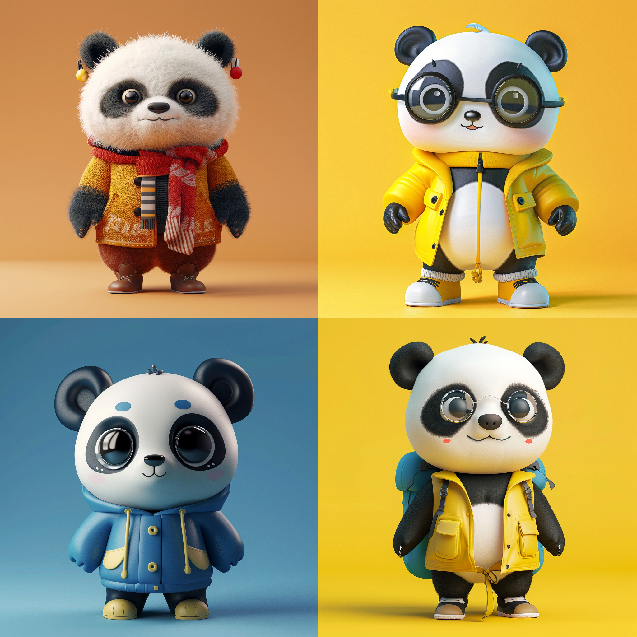 可爱熊猫, 自然站立, 衣着鲜艳, 高端自然配色, 明亮和谐, 可爱多彩, 光线追踪, 泡泡商城风格, 设计简洁, ip盲盒形象, 人物设计细节, 有趣的人物设计, 行为, 海派, 有机雕塑, c4d风格, 卡通写实, 图书插图风格, 4k展示.