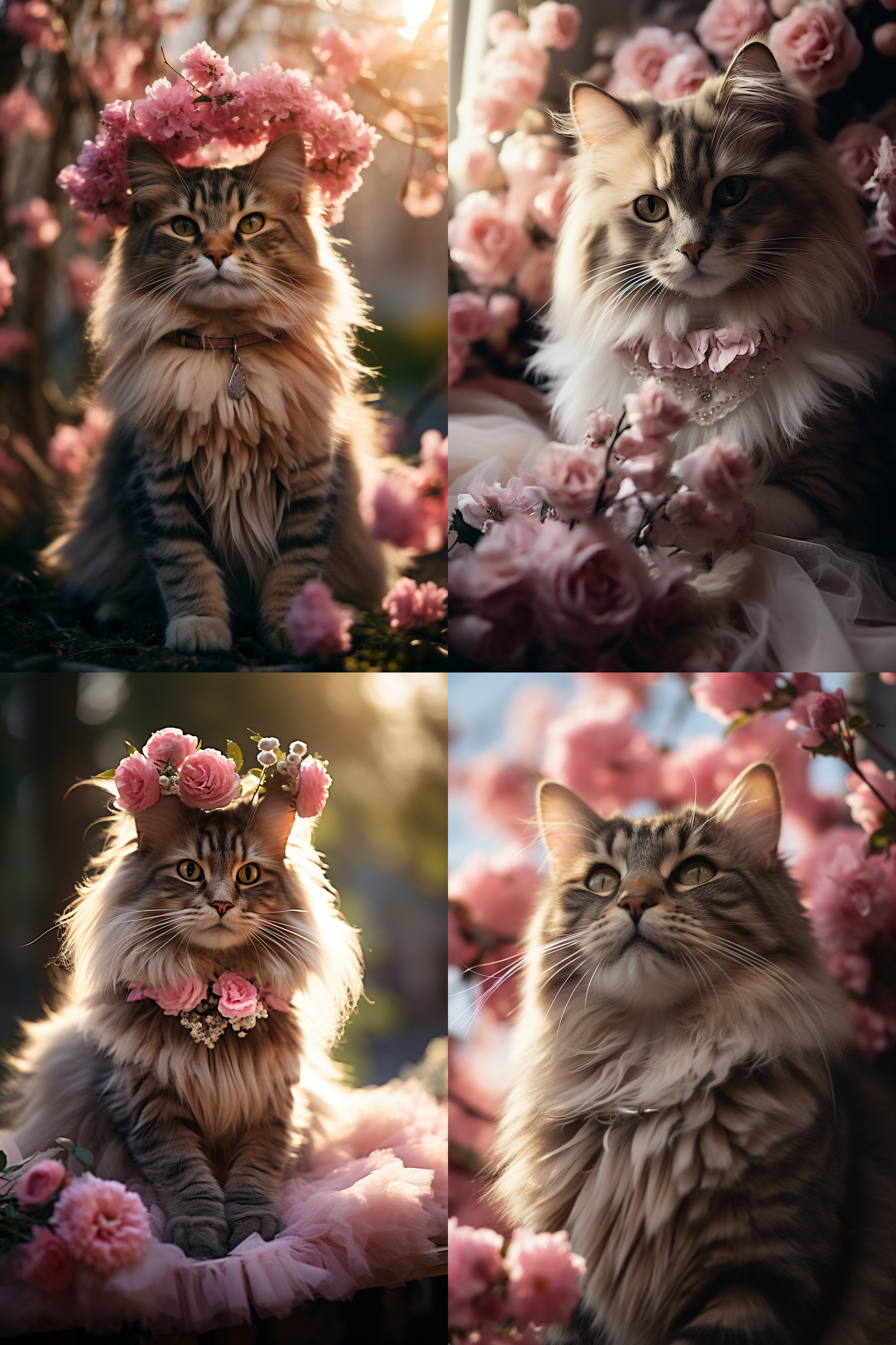 猫咪穿着粉色裙子，戴着花环，坐在鲜花丛中，悠闲地眺望远方。温暖光影，柔和色调，中景构图，微笑表情，亲近感，幸福。 粉白 摄影纪实 胸部以上