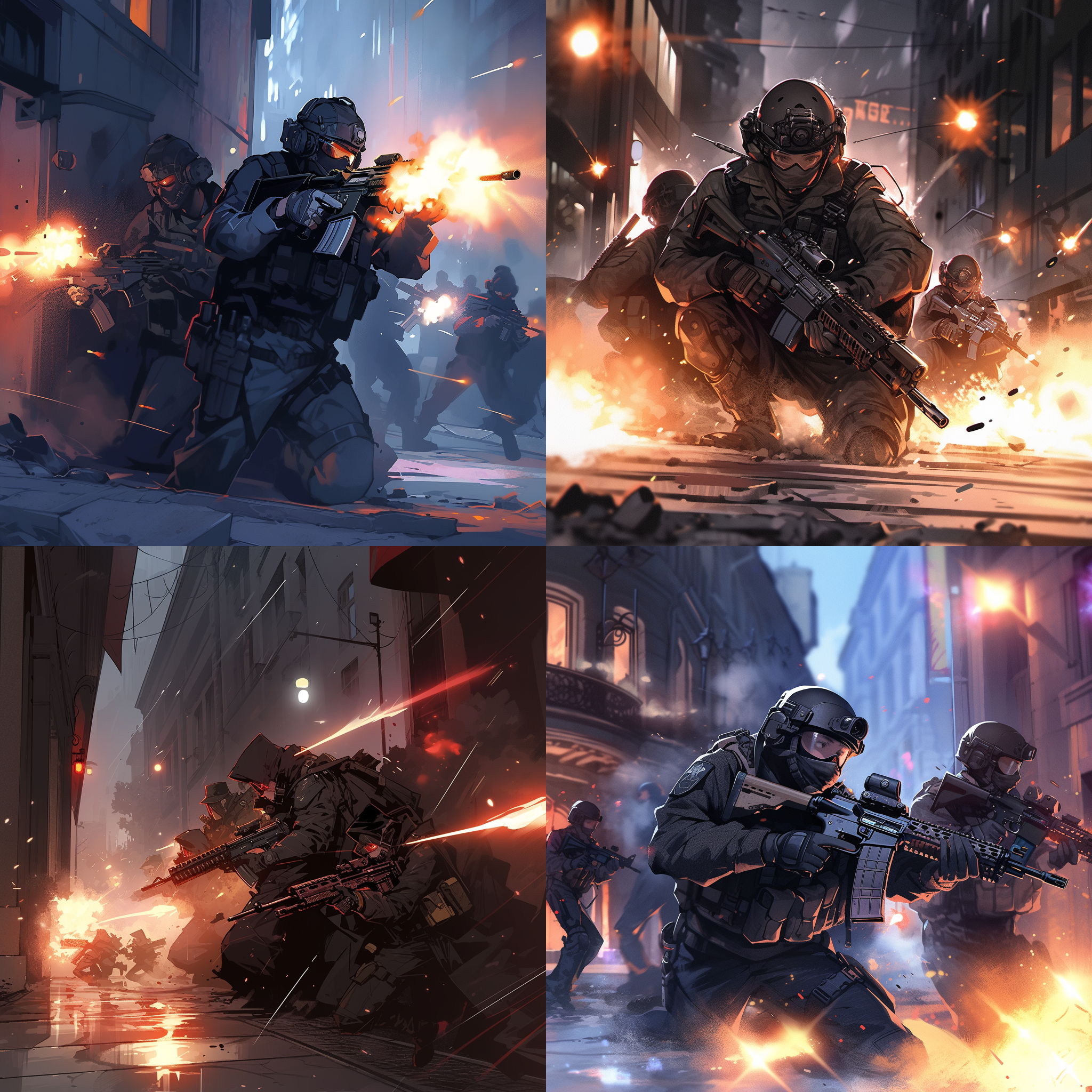 激烈枪战，城市街道，逆光，烟雾弥漫，多色调，动作冲击，特种部队，瞄准，金属光泽，紧张刺激。