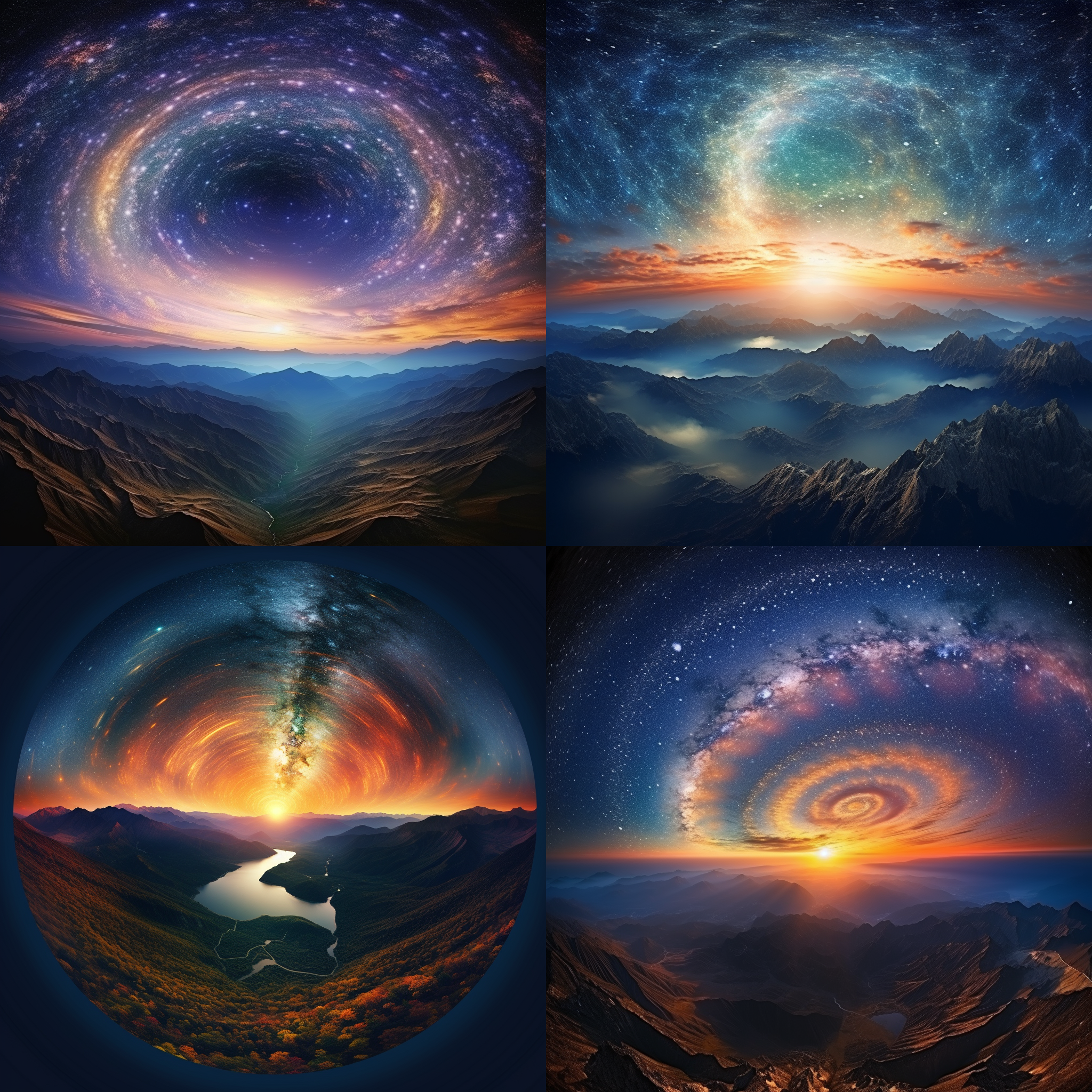 银河系星空，山顶日出，宽广视角，高光，星轨，冷色调，长焦镜头，静态，壮丽。 全景 镜头光晕 莫奈