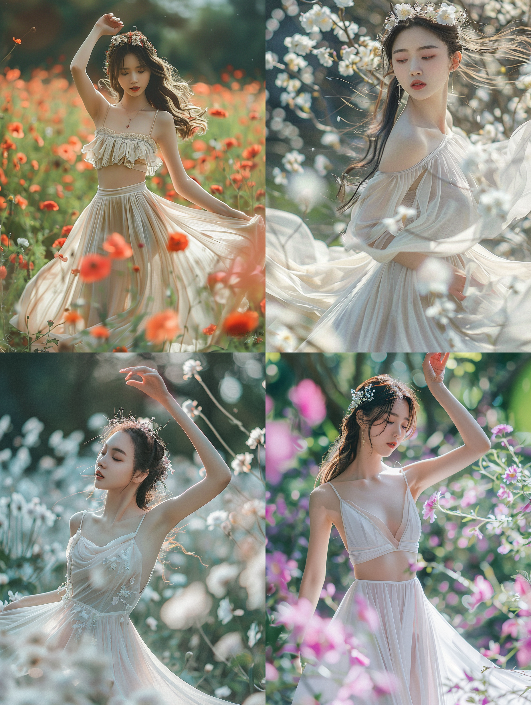 8k画质, 中国少女, 五官端正, 上身丰腴, 头戴精美装饰, 身穿长裙, 大长腿, 肤白, 花丛中, 翩翩起舞, 光影交错, 柔和色调, 中焦镜头, 优雅动作, 绚丽。