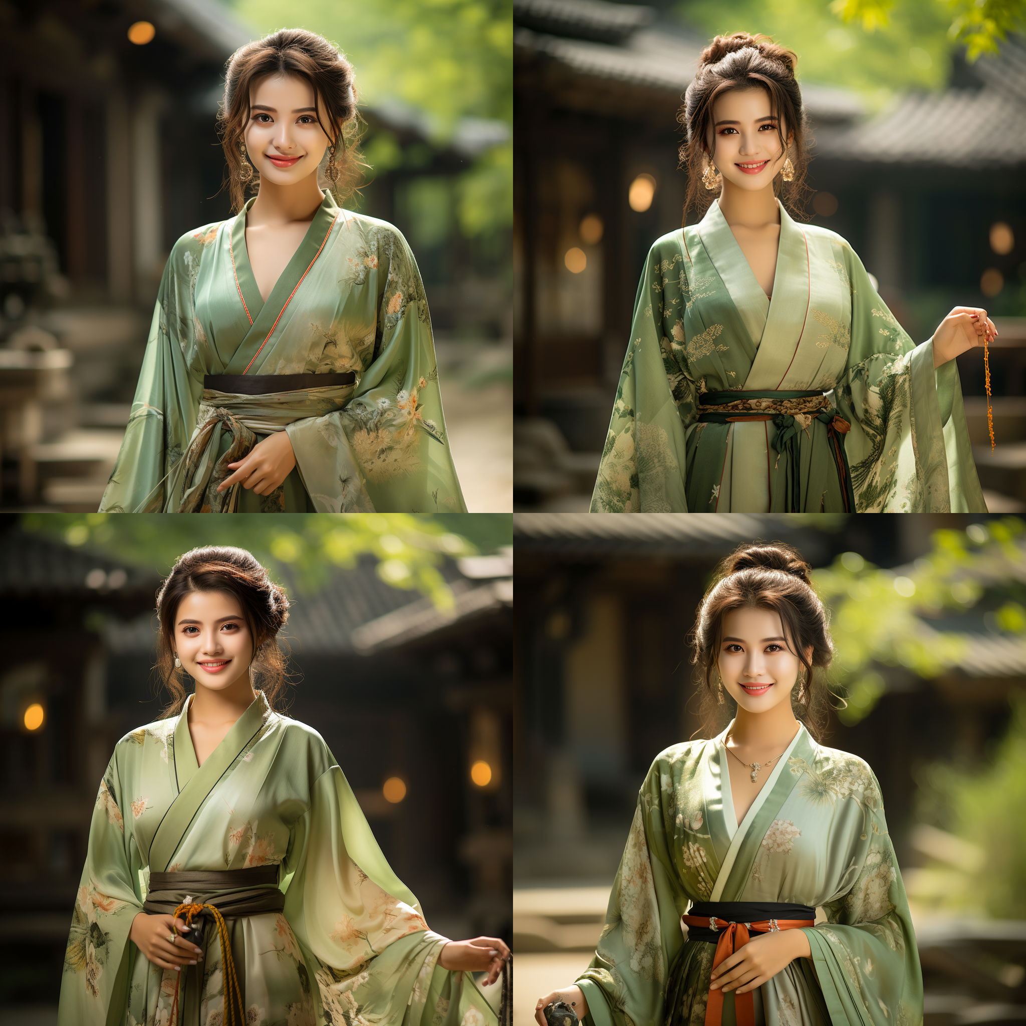 唐代夏季服装，绿色纱裙，笑脸，古典风格，动画角色设计，中国画风格，可爱，端庄，表情包，9种表情符号，快乐，微笑，悲伤，严肃，不同情绪，各种姿势和表情。 唐朝风格，古典韵味，室外拍摄，逆光，长焦镜头，生动色彩，多元表情，喜怒哀乐，魅力无限。