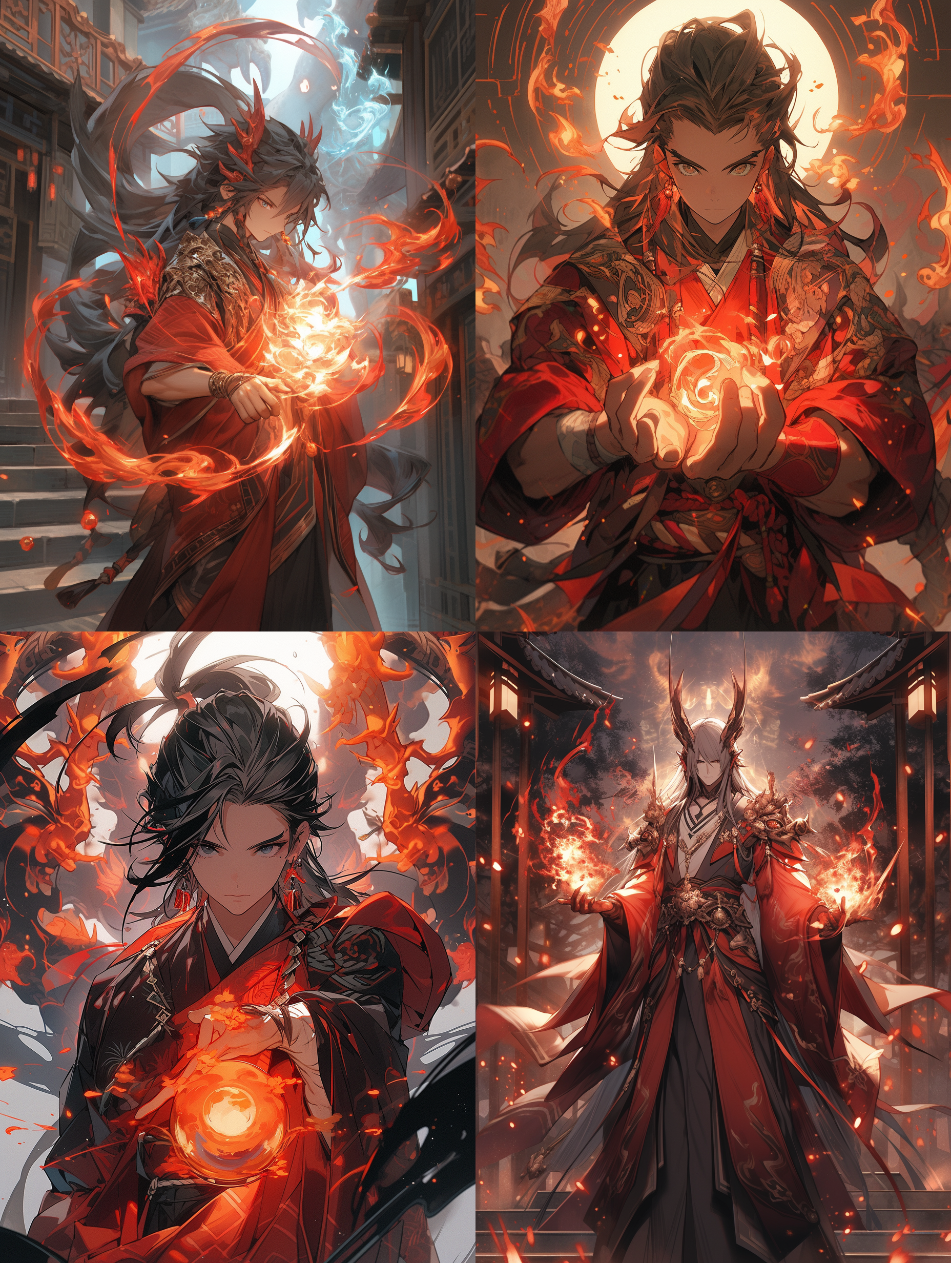 一个正面视角的亚洲术士，穿着帅气站在帝国的时空门前，手上操纵着火焰，目光坚定，看向前方