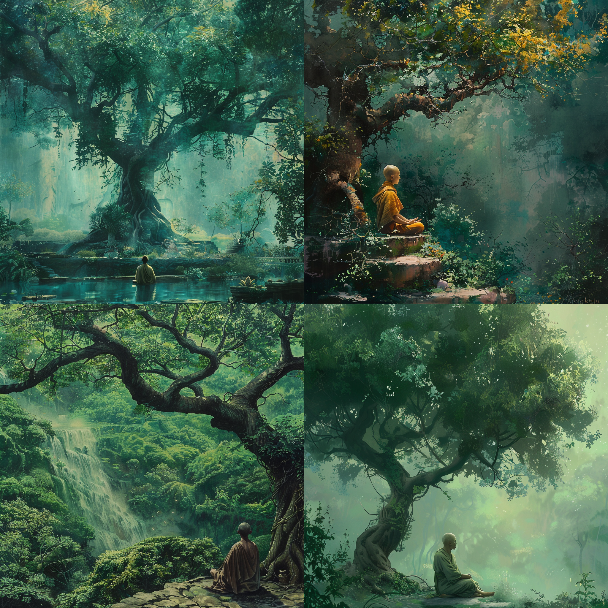 冥想僧人坐在郁郁葱葱的花园里的菩提树下，细致而沉浸式的描绘，文艺复兴风格，油画，梦幻雾霭般的照明，薄荷绿调色板，空中透视，极其详细，宽高比16:9，纵向构图。