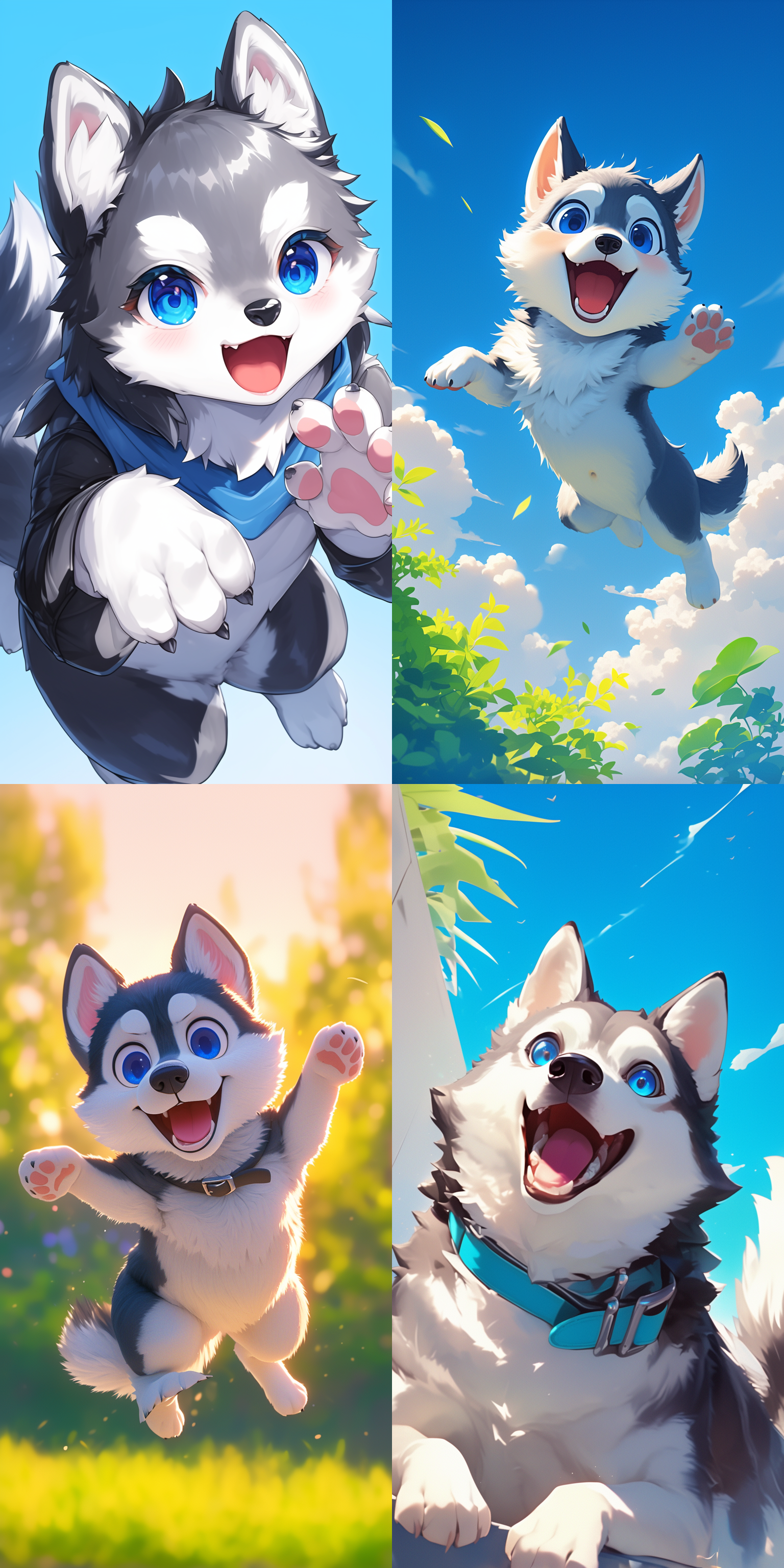 可爱哈士奇，灰白相间毛绒毛发，光滑柔顺，跳跃户外，逆光动画风格照片。色彩明亮，活泼欢快，超广角镜头，欢快动作表情，高饱和度，生动。