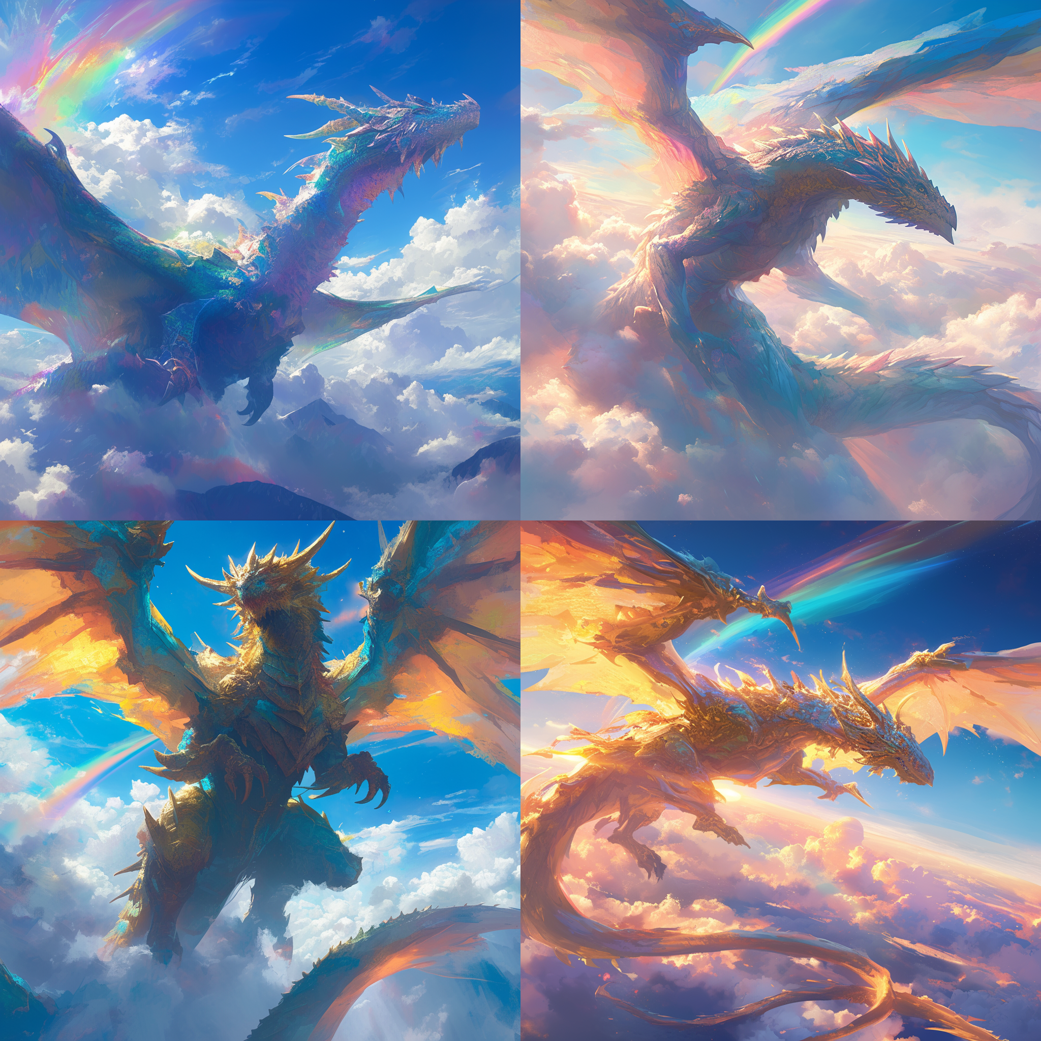 巨大的龙在蔚蓝的天空中翱翔，展现出它壮丽的身姿。龙的鳞片闪耀着金色的光芒，它的双翼展开，给人一种强大和自由的感觉。背景是广阔的云海和绚丽的彩虹，增添了神秘和奇幻的氛围。高动态范围，鸟瞰视角，明亮对比，飞行，雄壮，神秘，自由，多彩。