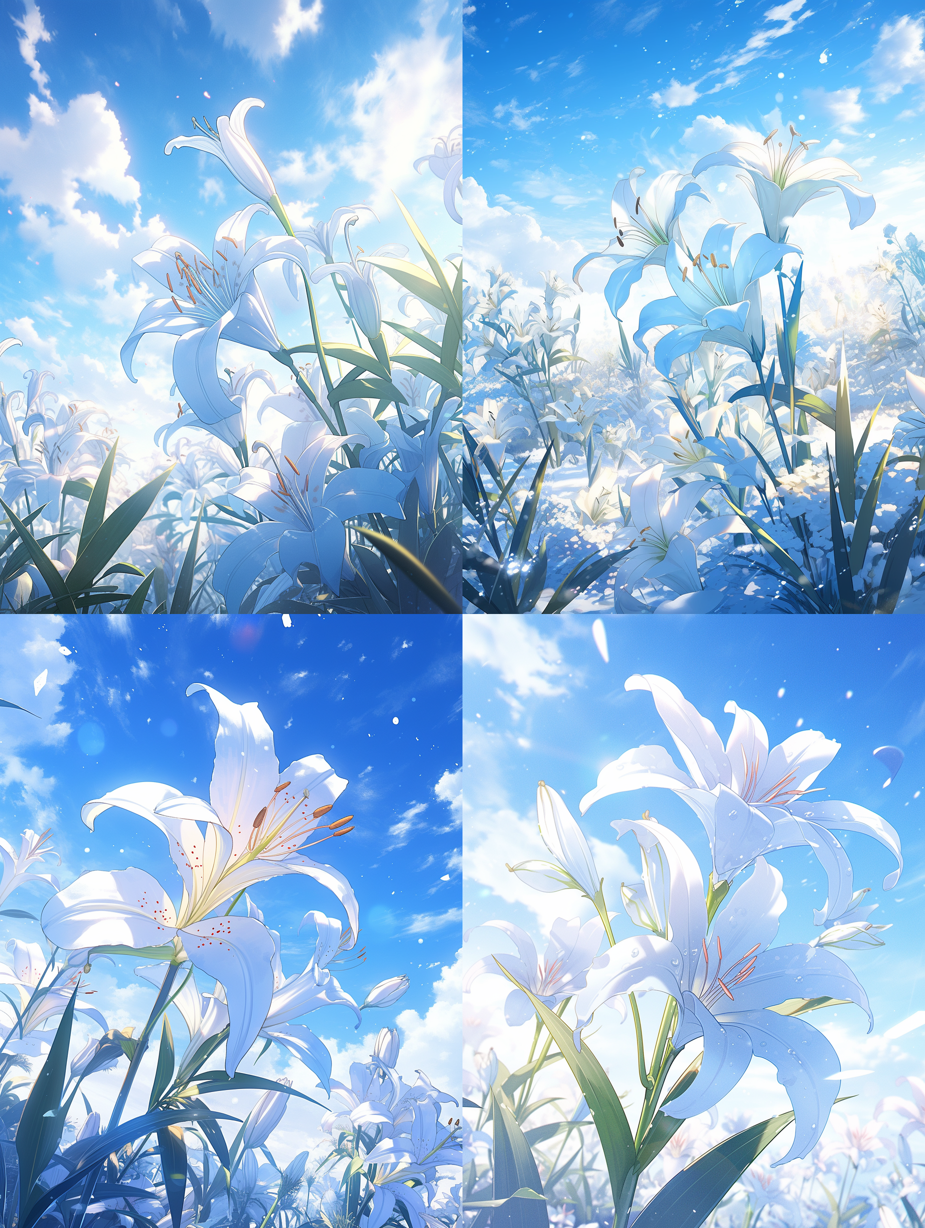 冰晶质感百合花，雨季，蓝天白云，远距离视角，动漫美学风格封面，光线的现实主义描绘，精致的幻想世界，数字绘画，莫兰迪色，互补色配色 超级高分辨率 大文件 风景 非常详细的cg