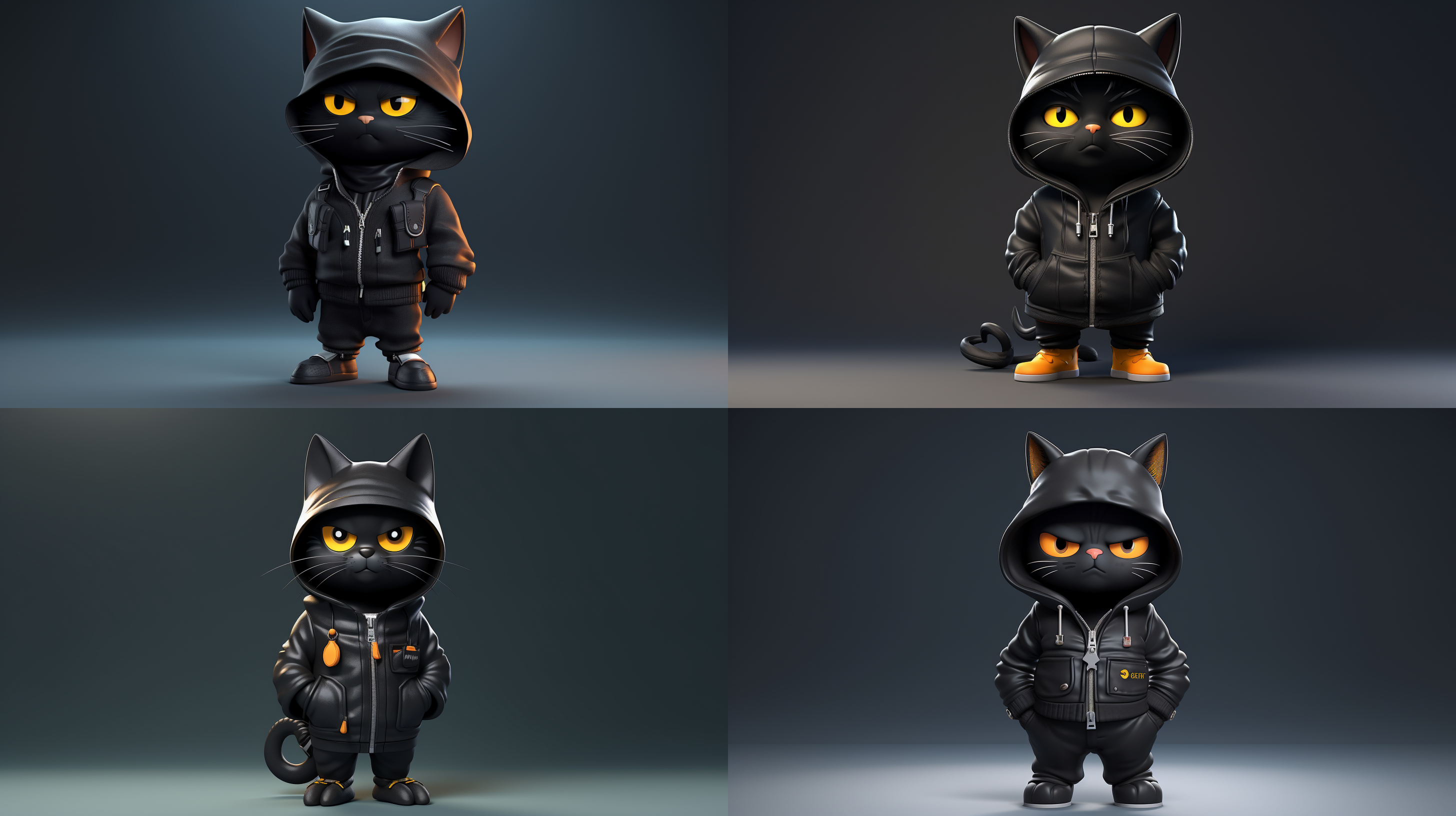 a cute black cat wearing a strap pants , standing naturally and full - faced , bubble mart style , clean and simple design , ip image , high - grade natural color matching , bright and harmonious , cute and colorful , detailed character design , behance , shanghai style , organic sculpture ,c4d style ,3d animation style character design , cartoon realism , fun character setting , ray tracing , children ' s book illustration style - s 250- niji 5- ar 3:4