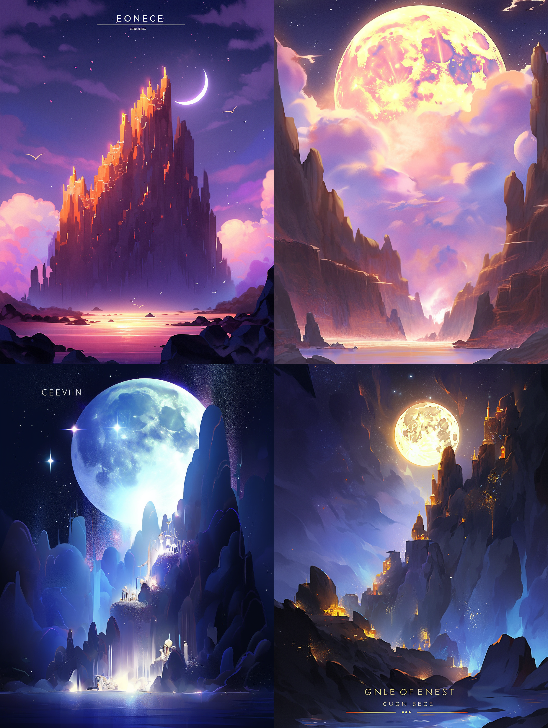 一幅悬崖峭壁有关的插画，背景一个巨大的金色月亮，封面为yuumei风格的星星艺术集团（星星）的ep，深邃的夜空，荧光，全局照明，发光的效果，光线的现实主义描绘，精致的幻想世界，agnes劳伦斯佩尔顿，数字绘画，温馨配色，明亮的配色，马卡龙色，互补色配色，闪耀的星空，夜景，夜芯，洒金效果，仙光，超广角 非常详细的cg 超级高分辨率 大文件 风景