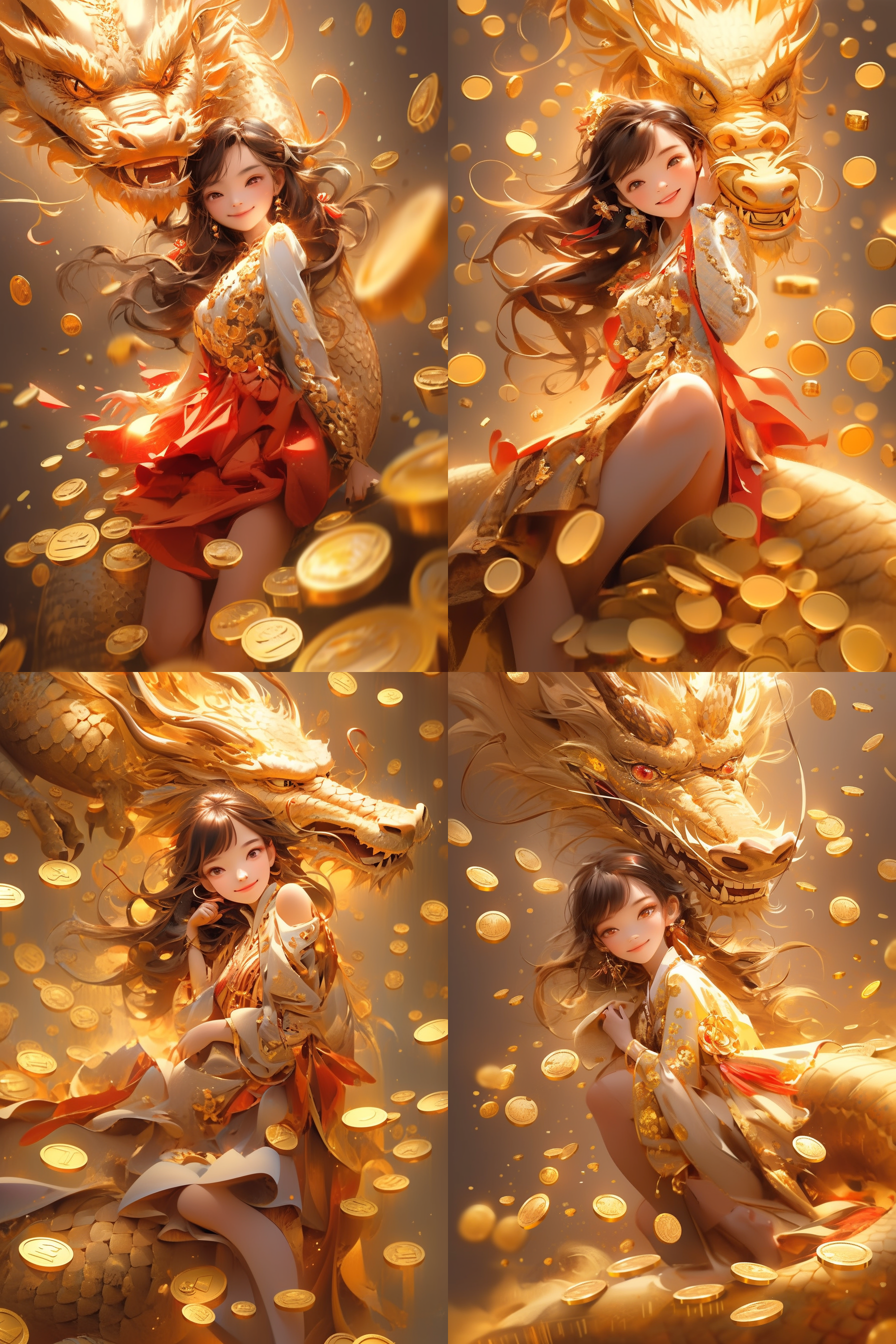 金龙环绕美女，金币装饰，奢华舞台，抽象风格，暖色调，特写镜头，灯光闪烁，自信微笑，豪华氛围，金黄色调，喜悦。