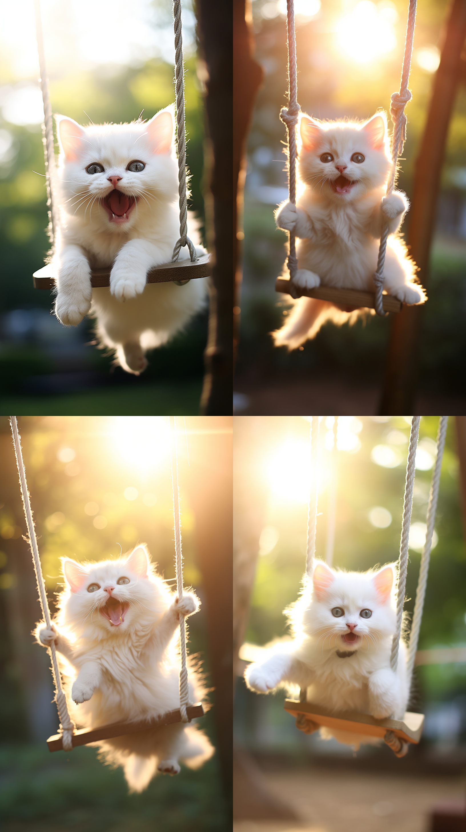 可爱白猫咪荡秋千，户外场景，柔和光线，背景模糊，微笑，欢快，白色毛发，大眼睛，逆光，长焦镜头，活泼。