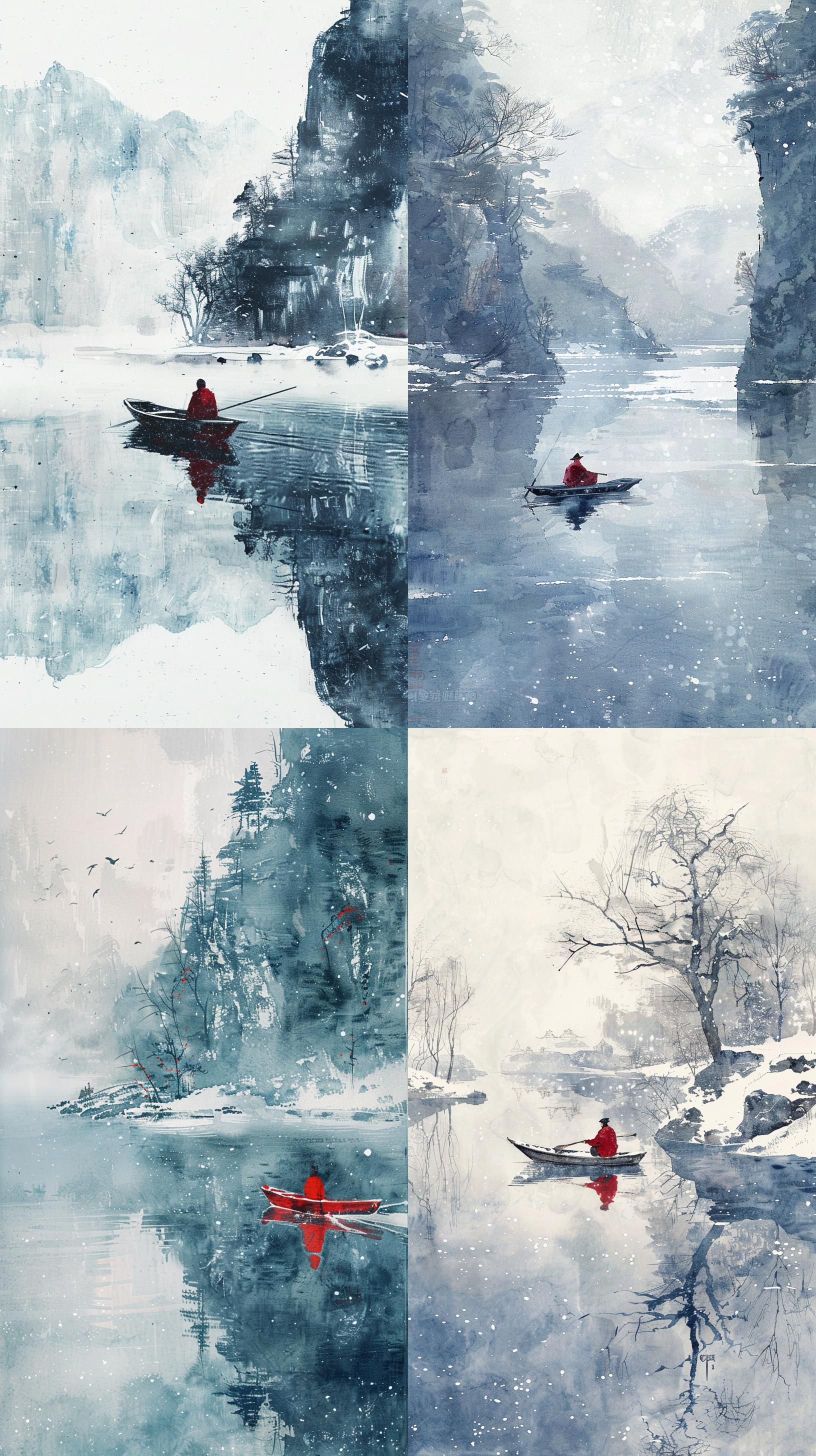 小船钓鱼，对角线构图，细腻笔触，寒江雪景，孤独，留白，天青色调，柔和色调，微波荡漾，安静，薄雾，水墨插画，诗意。 水墨插画 中国水墨