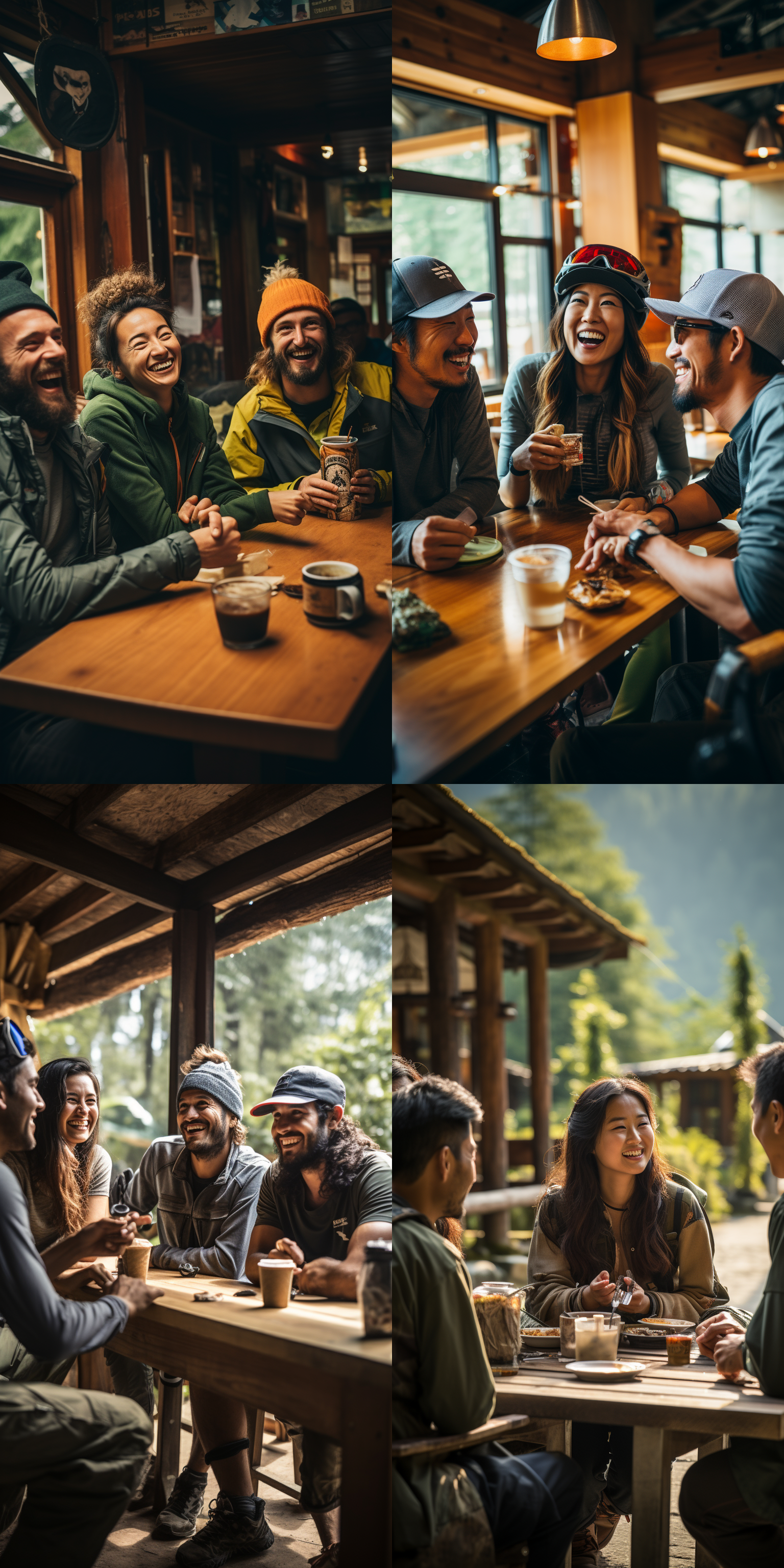 山地自行车骑友休息，亭子内，山地环境，四人，三男一女，亚洲人，咖啡、点心品尝，轻松愉悦，户外人像，自然光，中焦镜头，自然肖像，温暖色调，放松