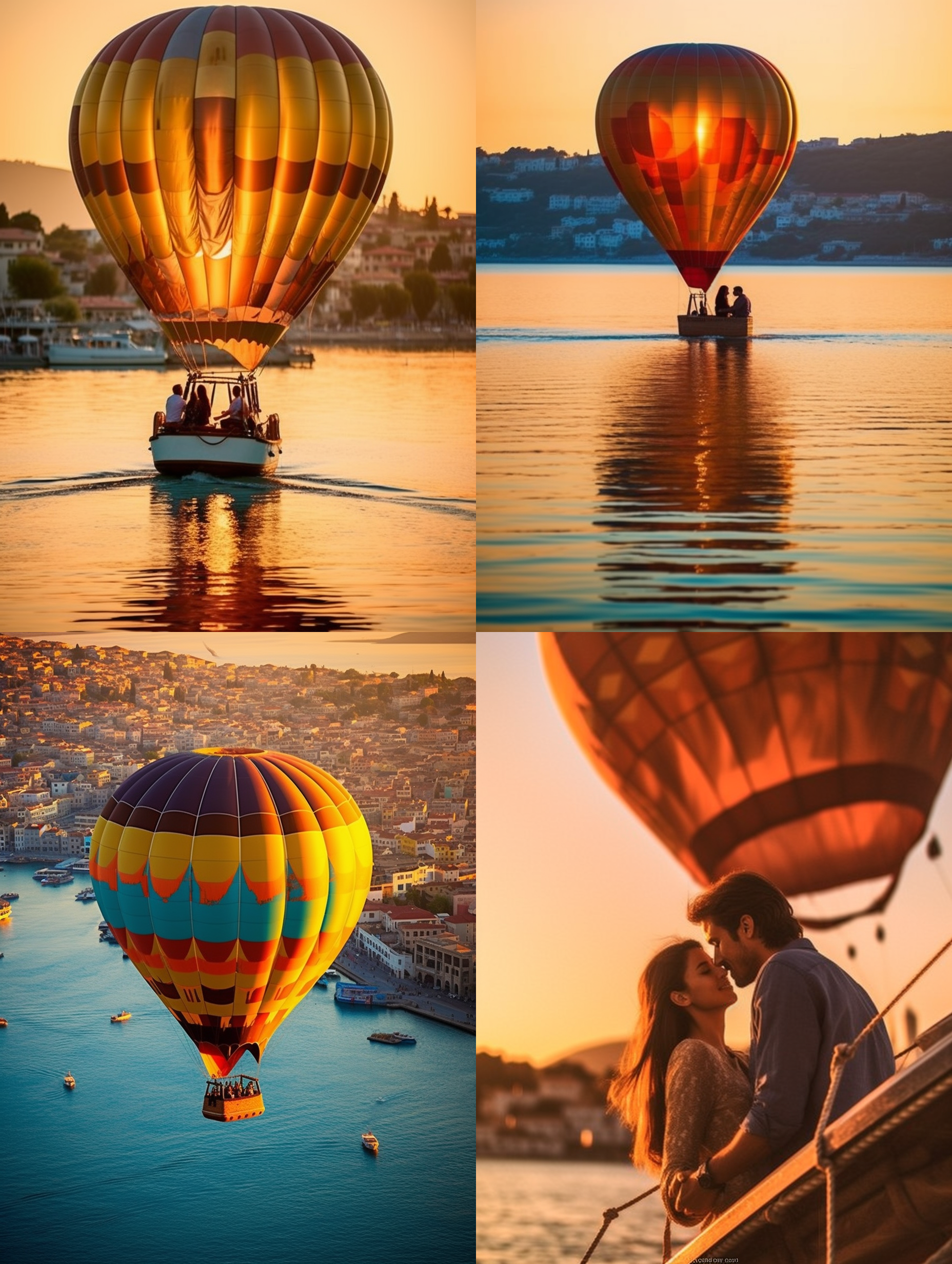 热气球飞行，情侣依偎，放松表情，土耳其小镇，爱意，宁静，彩色，碧海蓝天，逆光，长焦镜头，轻松，浪漫。