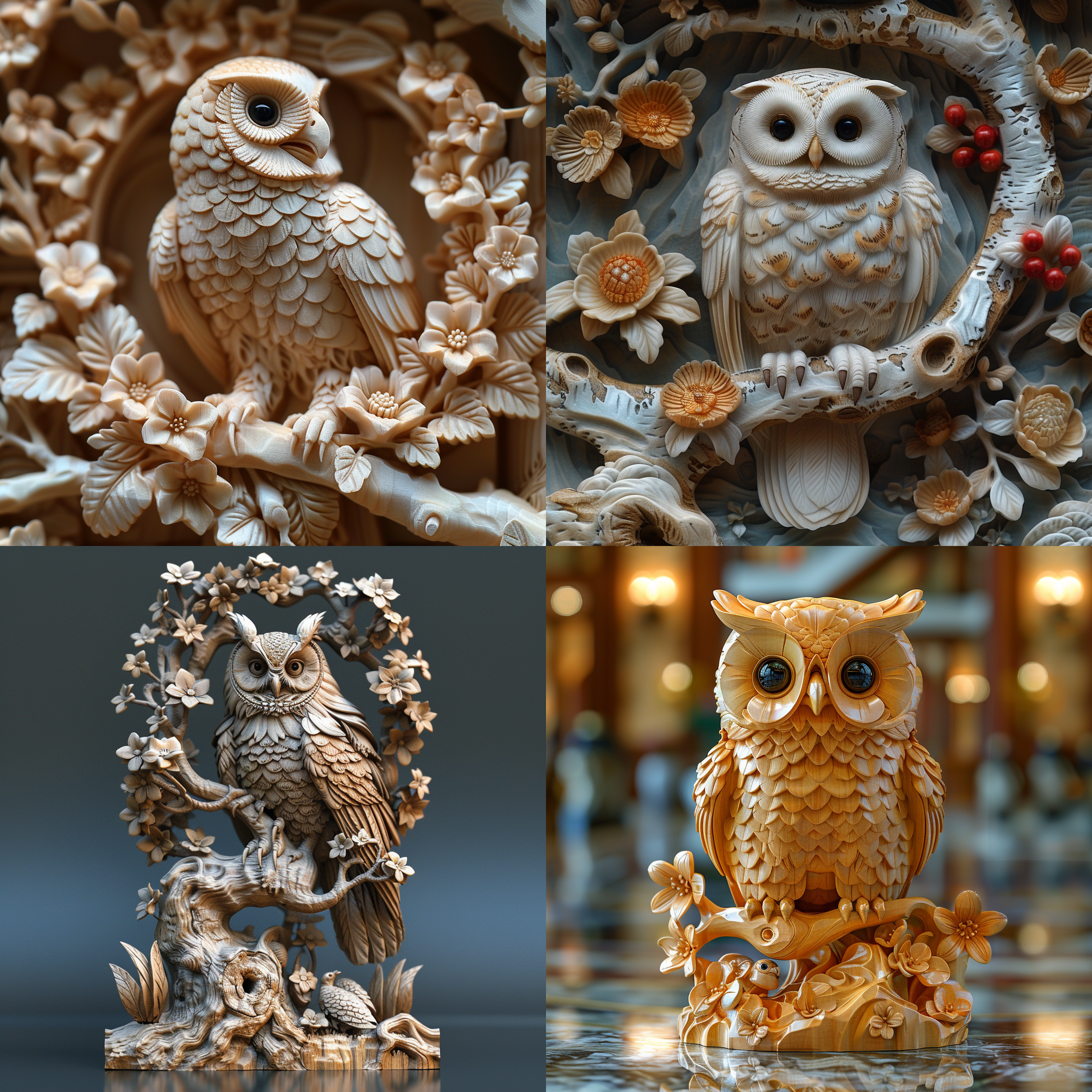 猫头鹰,动物,精致,渲染,中国传统木雕，3d艺术