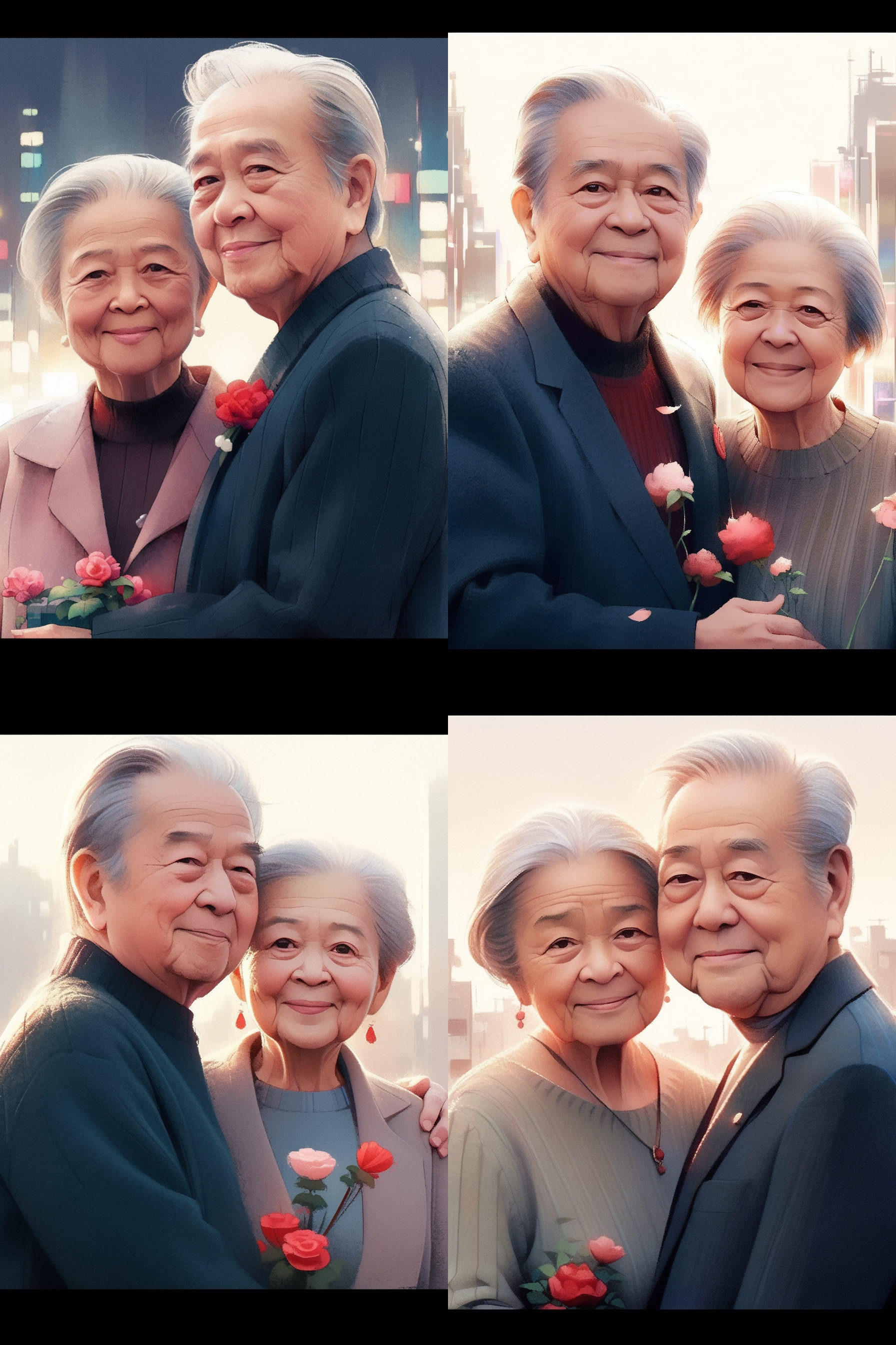 老夫妻手牵手，背景是绚丽多彩的波普风格城市，眼神中透露着相濡以沫的爱意。光线柔和，画面细腻，色彩饱满，仿佛梦境般的动画效果。他们微笑着，表情温柔甜美，仿佛跃然纸上。这幅照片具备超高清8k画质，呈现出超逼真的细节和柔焦效果。